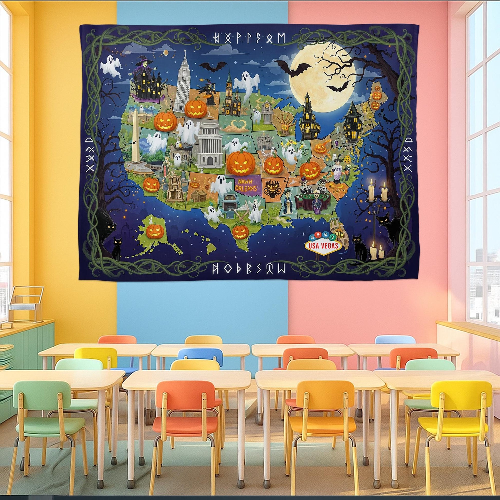 Halloween USA Map Tapestry – Haunted America Wall Decor with Ghosts, Pumpkins & Landmarks – Spooky Travel Wall Art for Fall