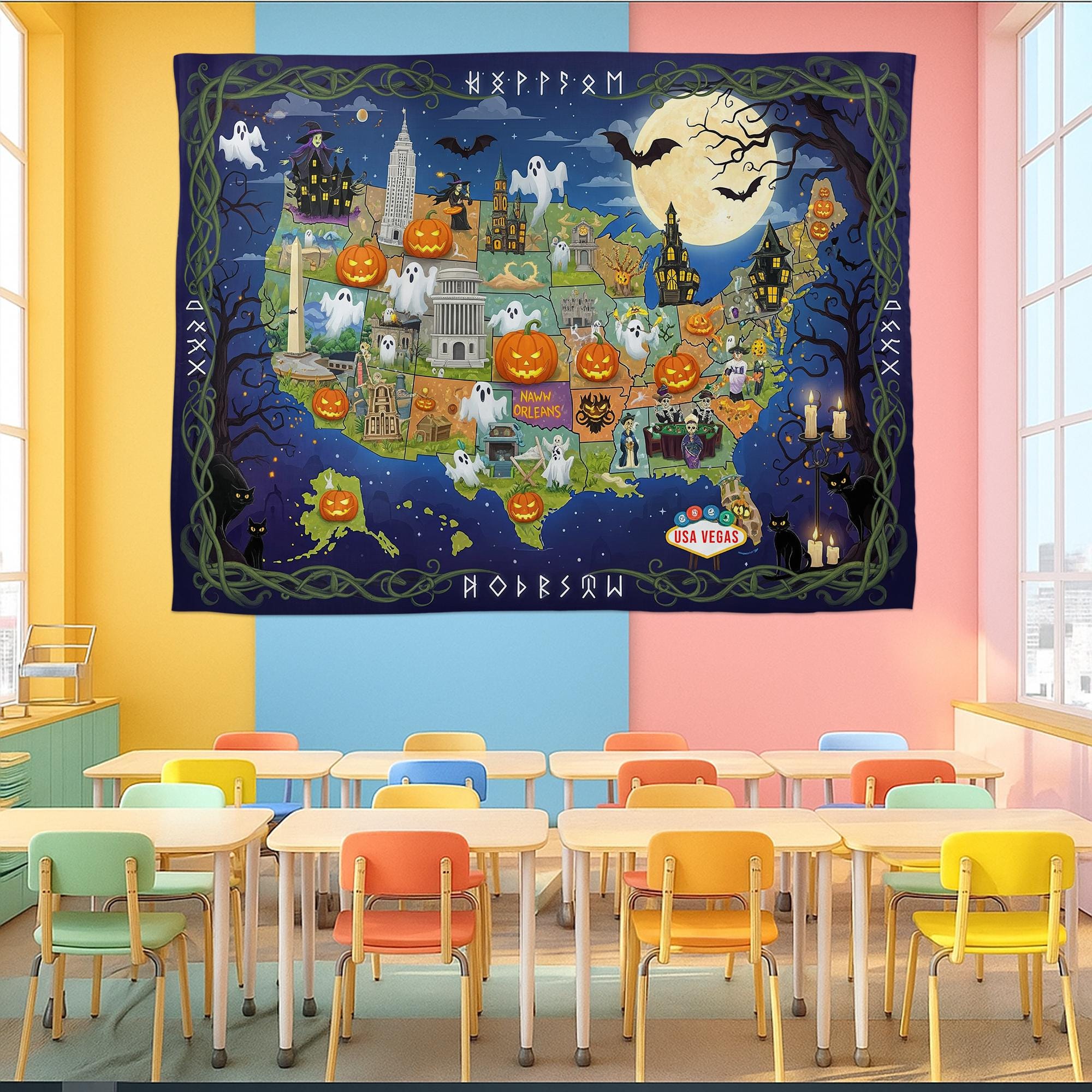 Halloween USA Map Tapestry – Haunted America Wall Decor with Ghosts, Pumpkins & Landmarks – Spooky Travel Wall Art for Fall