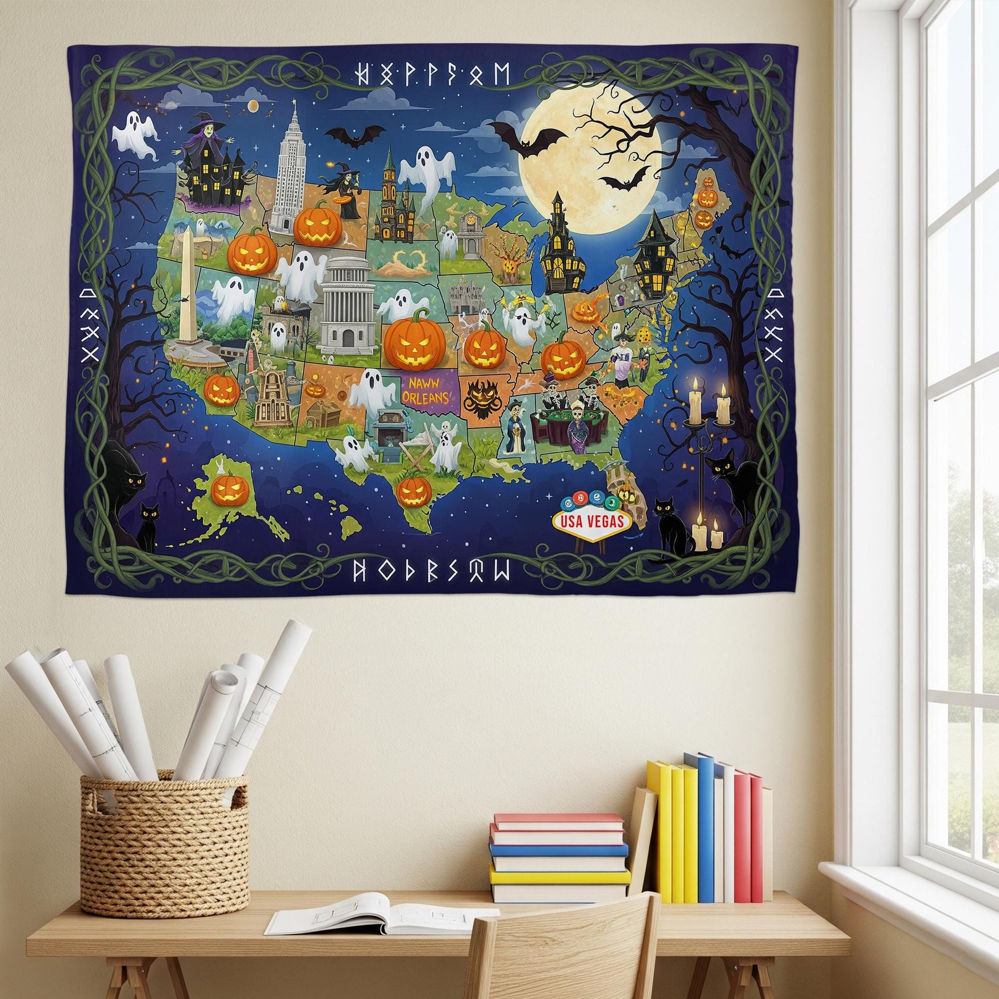 Halloween USA Map Tapestry – Haunted America Wall Decor with Ghosts, Pumpkins & Landmarks – Spooky Travel Wall Art for Fall
