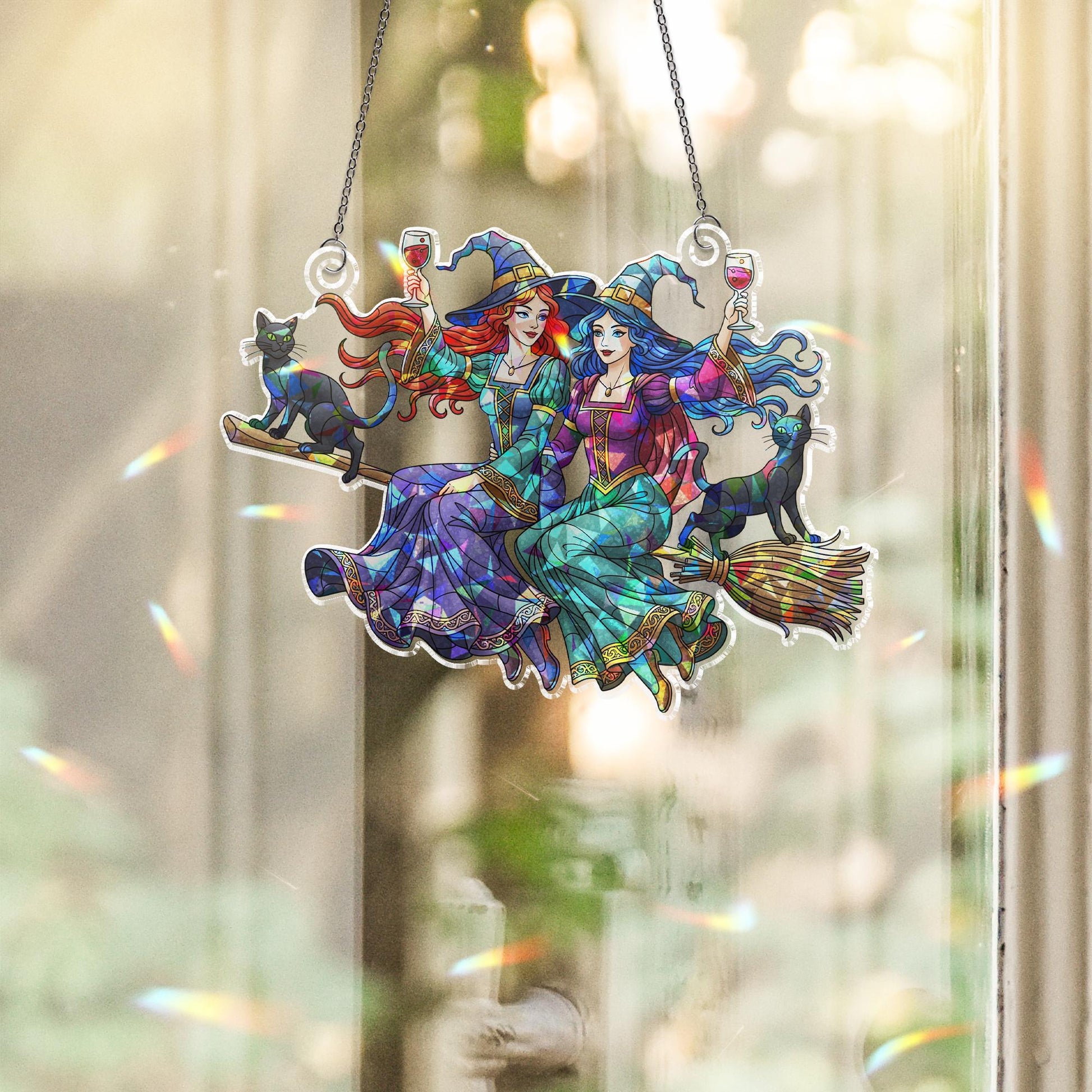Holographic Witch Sisters & Cats Window Hanging – Halloween Prism Sun Catcher, Autumn Witch Broom Decor, Rainbow Light Acrylic Art