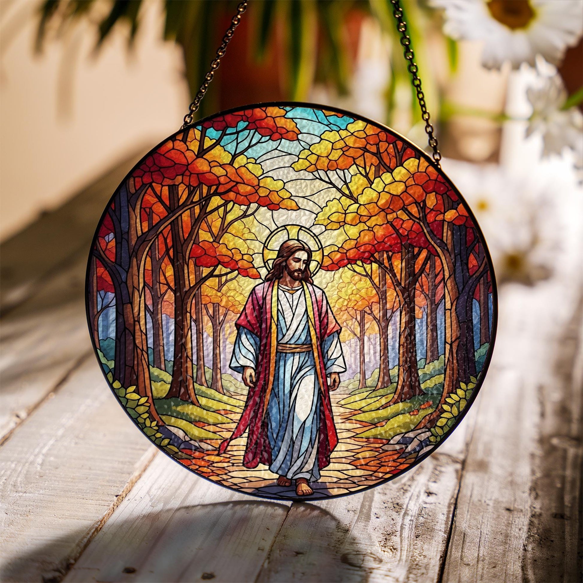 Autumn Jesus Glass Suncatcher – Christian Fall Window Hanging – Faith-Based Home Decor – Religious Gift for Thanksgiving or Prayer Room