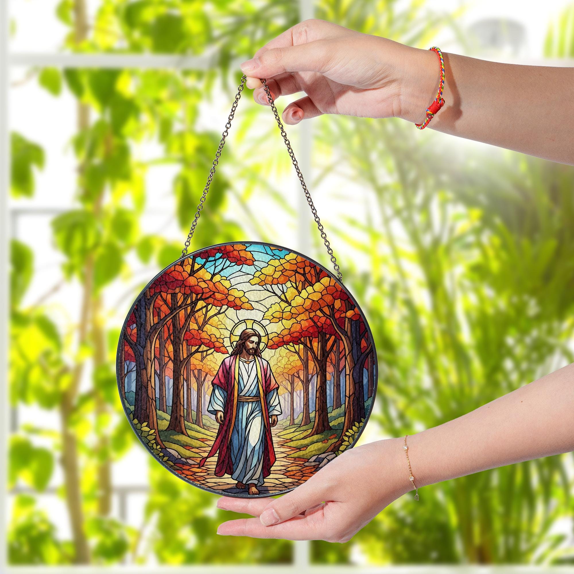 Autumn Jesus Glass Suncatcher – Christian Fall Window Hanging – Faith-Based Home Decor – Religious Gift for Thanksgiving or Prayer Room