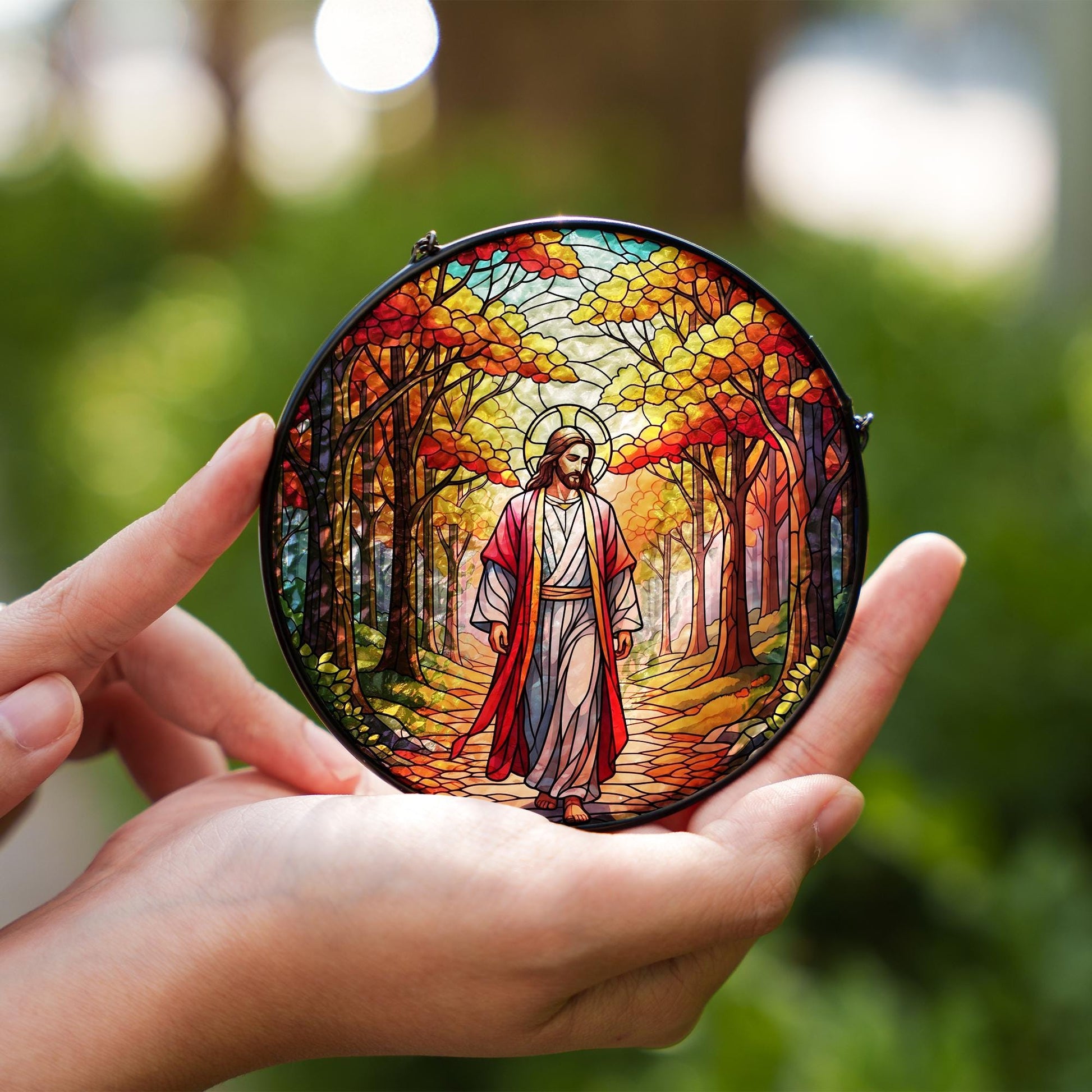 Autumn Jesus Glass Suncatcher – Christian Fall Window Hanging – Faith-Based Home Decor – Religious Gift for Thanksgiving or Prayer Room