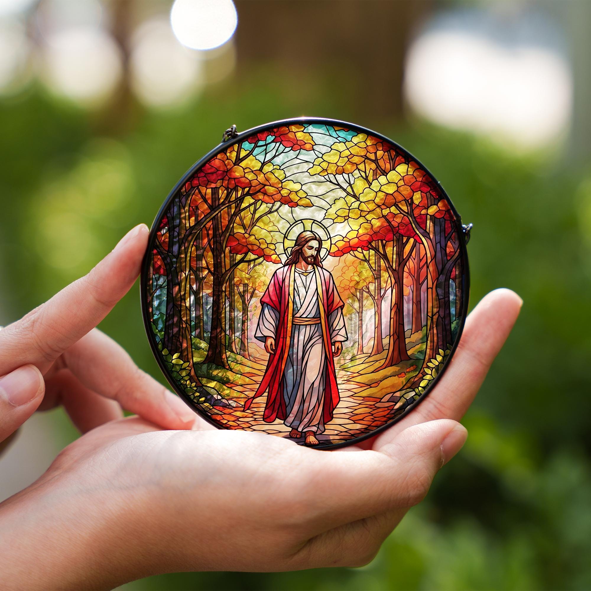 Autumn Jesus Glass Suncatcher – Christian Fall Window Hanging – Faith-Based Home Decor – Religious Gift for Thanksgiving or Prayer Room