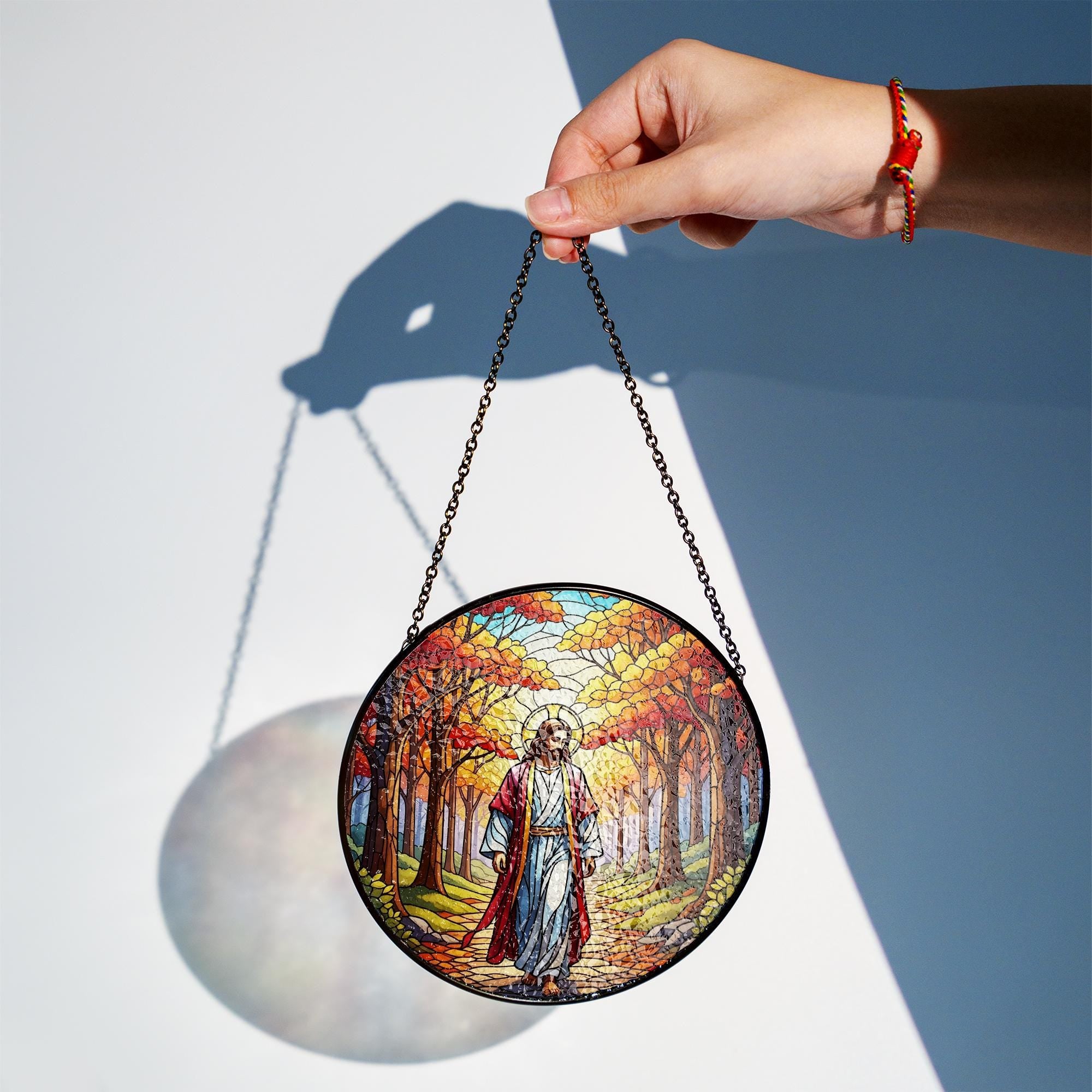 Autumn Jesus Glass Suncatcher – Christian Fall Window Hanging – Faith-Based Home Decor – Religious Gift for Thanksgiving or Prayer Room