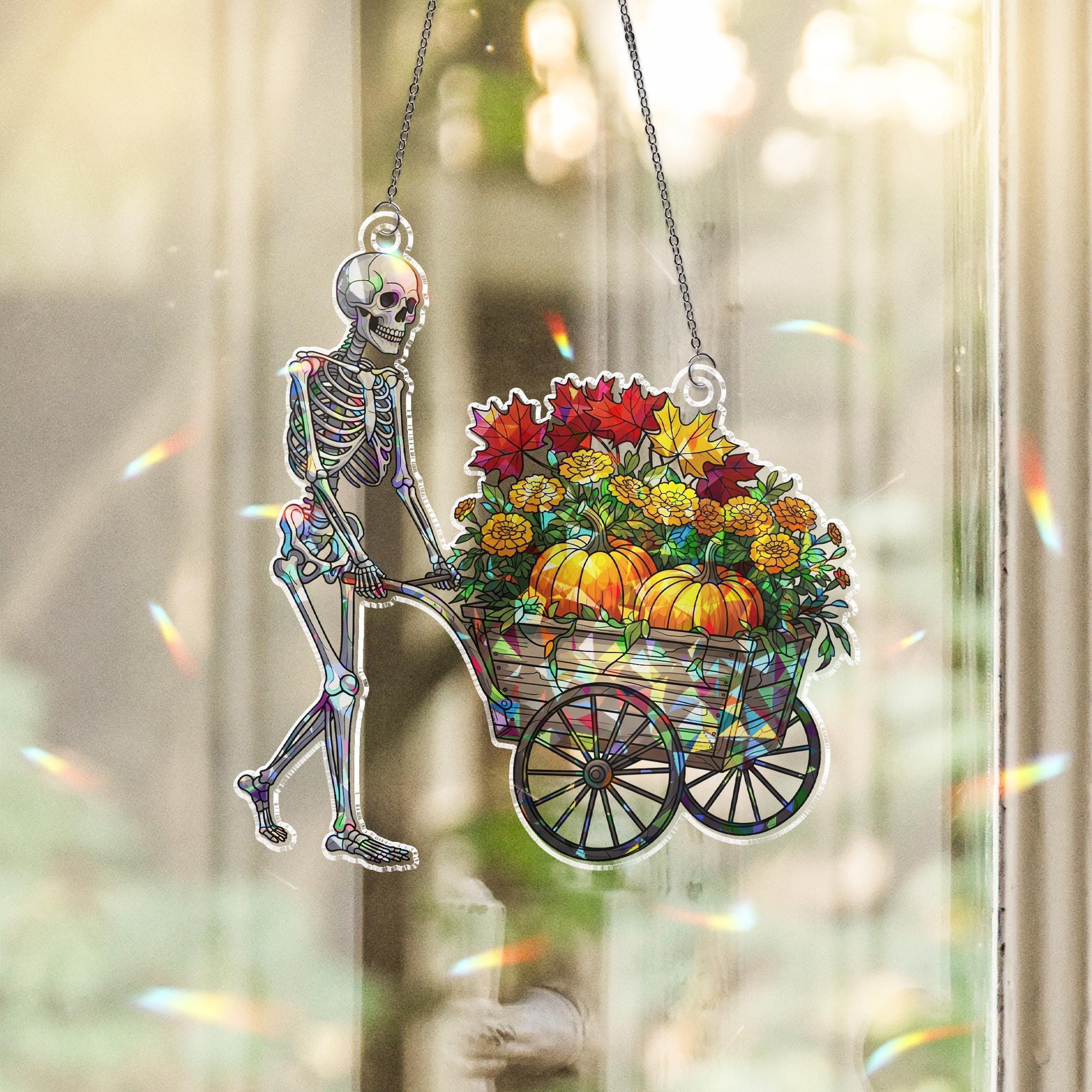 Holographic Skeleton Wheelbarrow Window Hanger – Fall Autumn Pumpkin & Skeleton Hanging Decor, Halloween Prism Art Sun Catcher