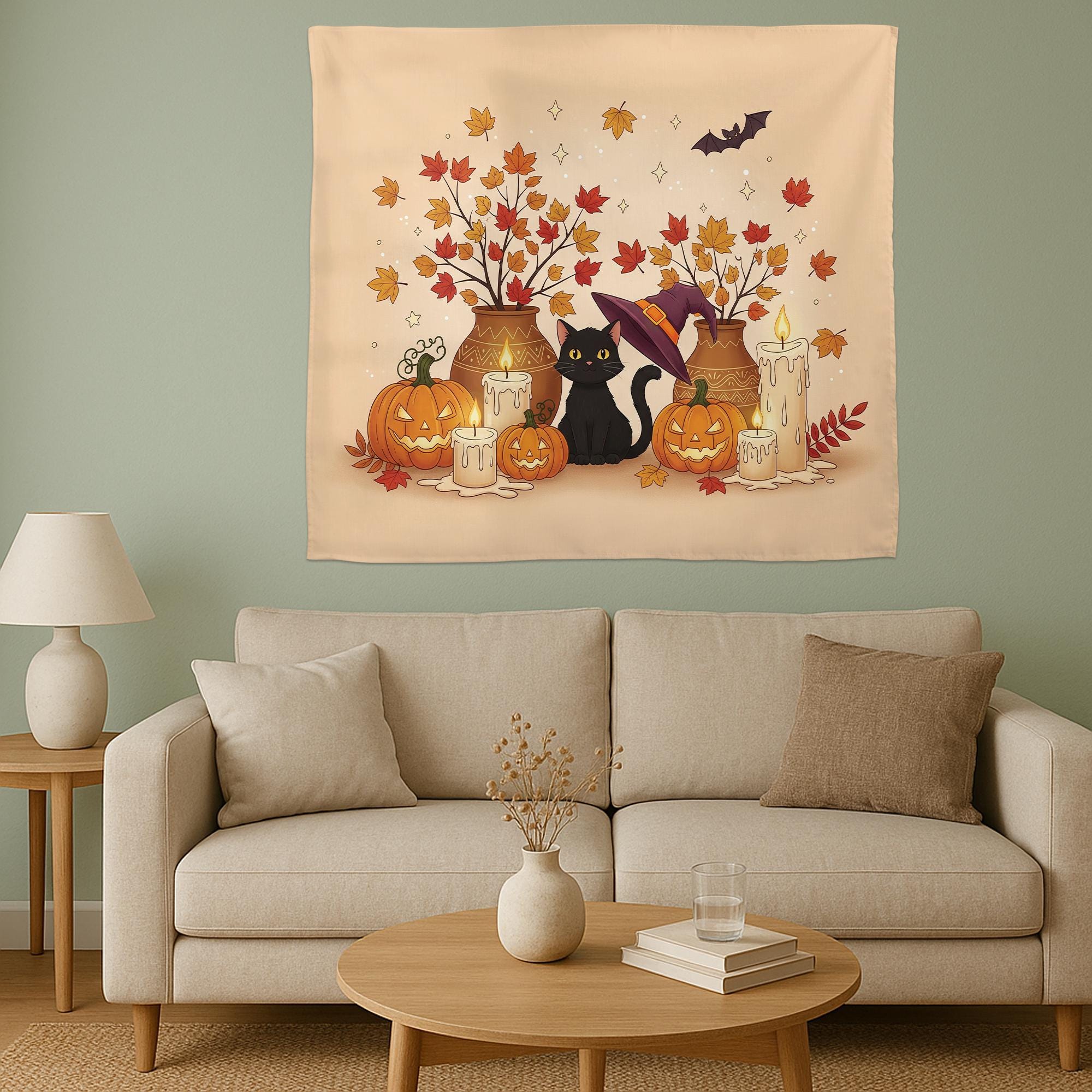 Black Cat Fall Halloween Tapestry – Cute Pumpkin Autumn Wall Decor – Witchy Jack-o’-Lantern and Candle Art for Cozy Home