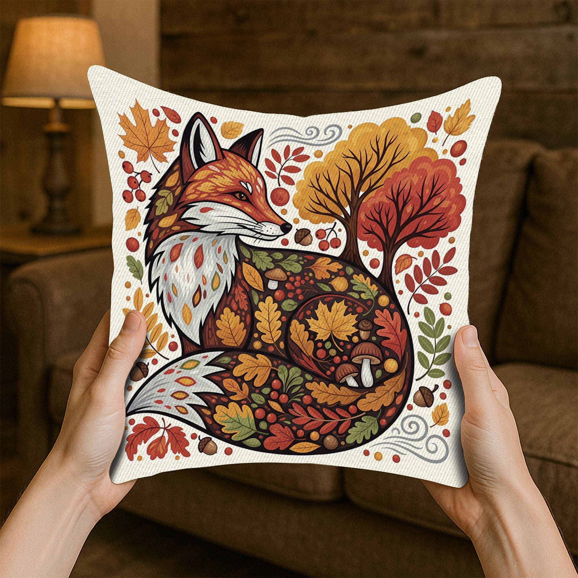 Autumn Fox Throw Pillow – Fall Forest Animal Decorative Cushion – Woodland Leaves and Fox Art for Cozy Rustic Home Decor