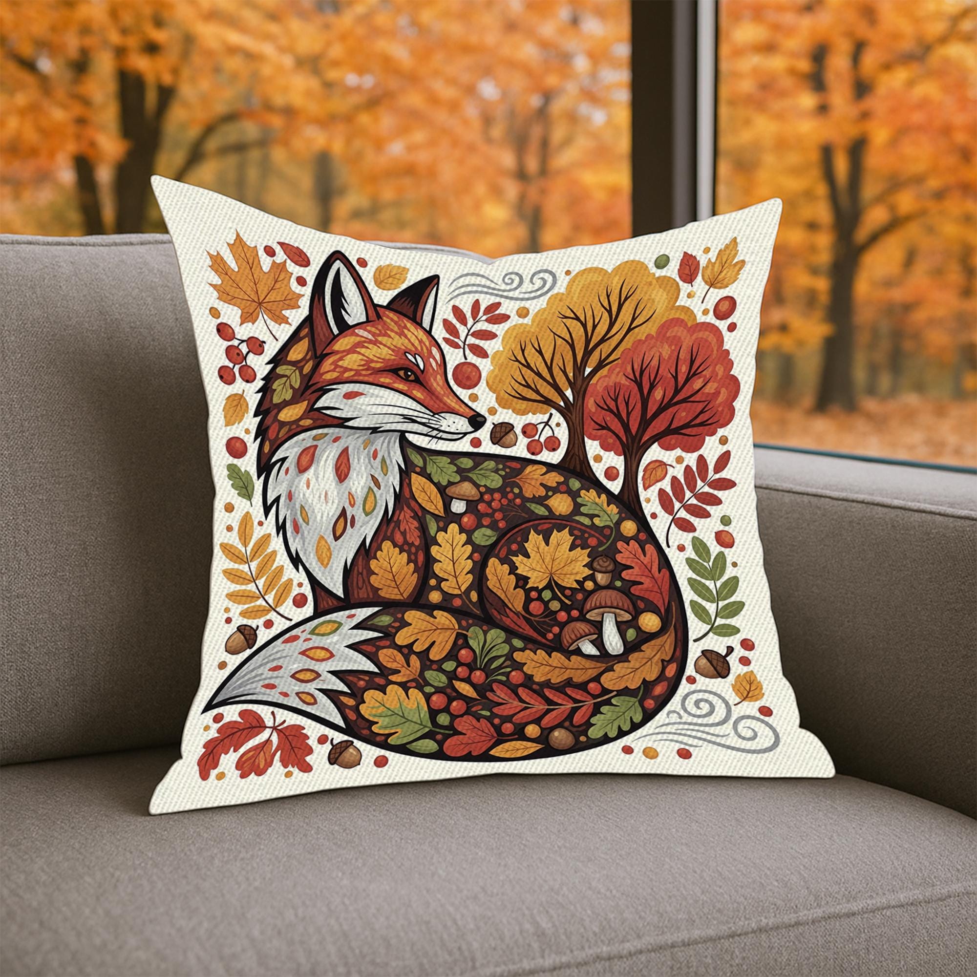 Autumn Fox Throw Pillow – Fall Forest Animal Decorative Cushion – Woodland Leaves and Fox Art for Cozy Rustic Home Decor