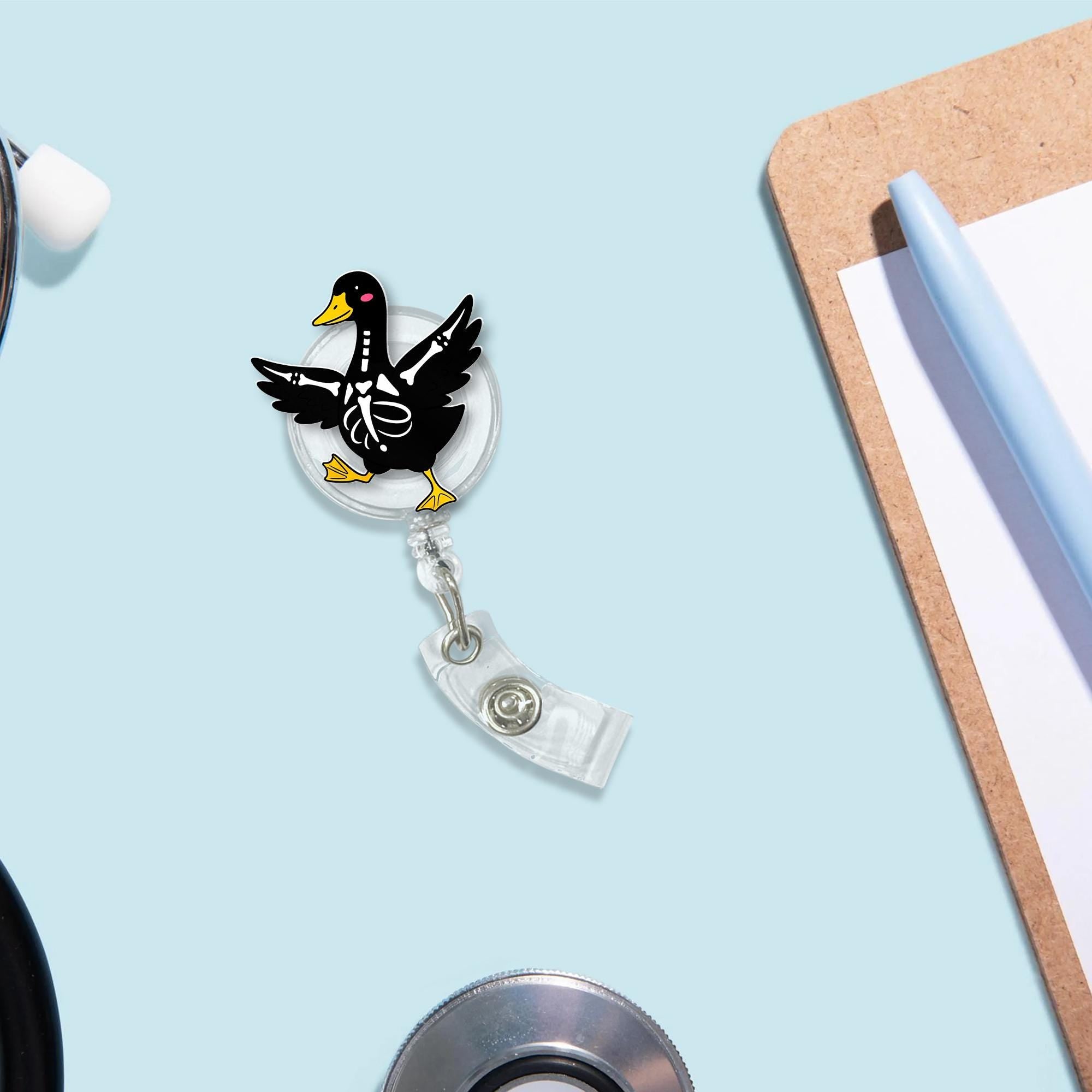 Skeleton Goose Badge Reel – Cute Black Goose with Skeleton Bones, Funny Nurse ID Holder & Medical Badge Clip, Halloween Goose Gift