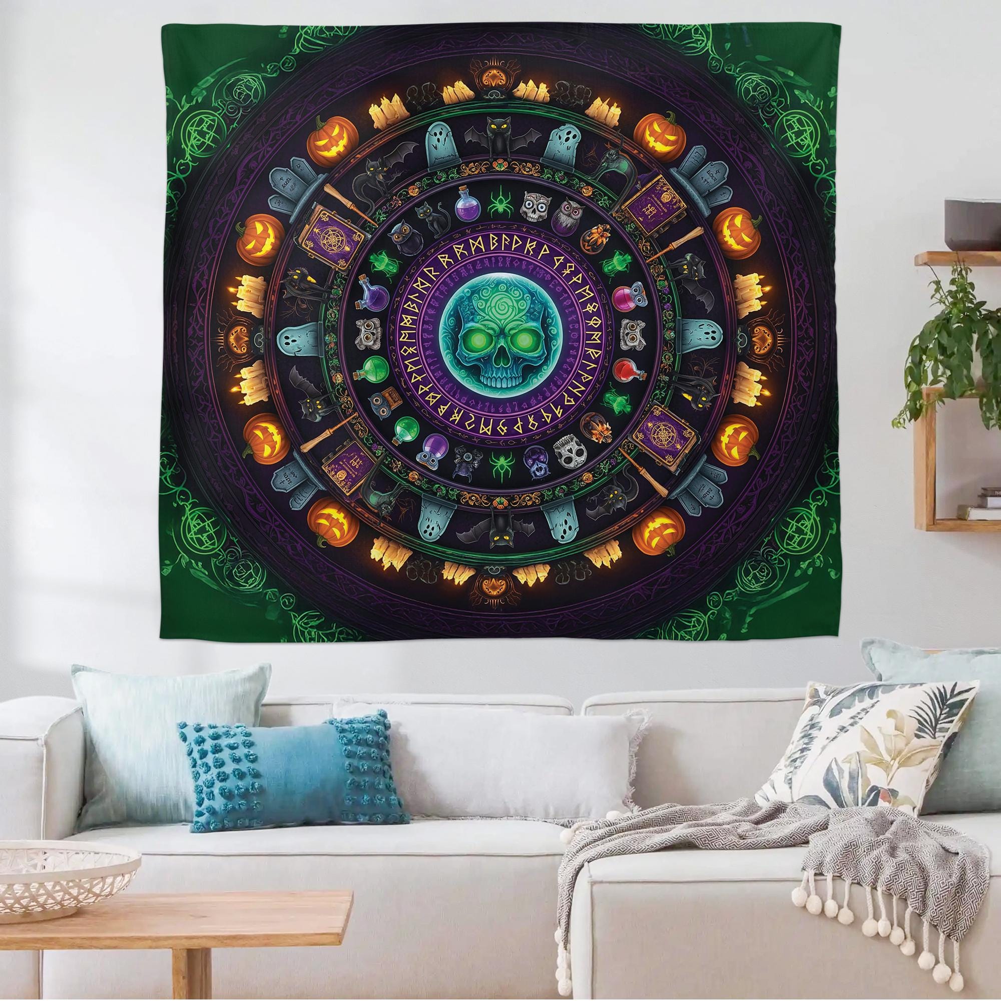 Halloween Skull Mandala Tapestry – Witchy Gothic Wall Art with Potions, Pumpkins, and Ghosts – Dark Green Spooky Decor