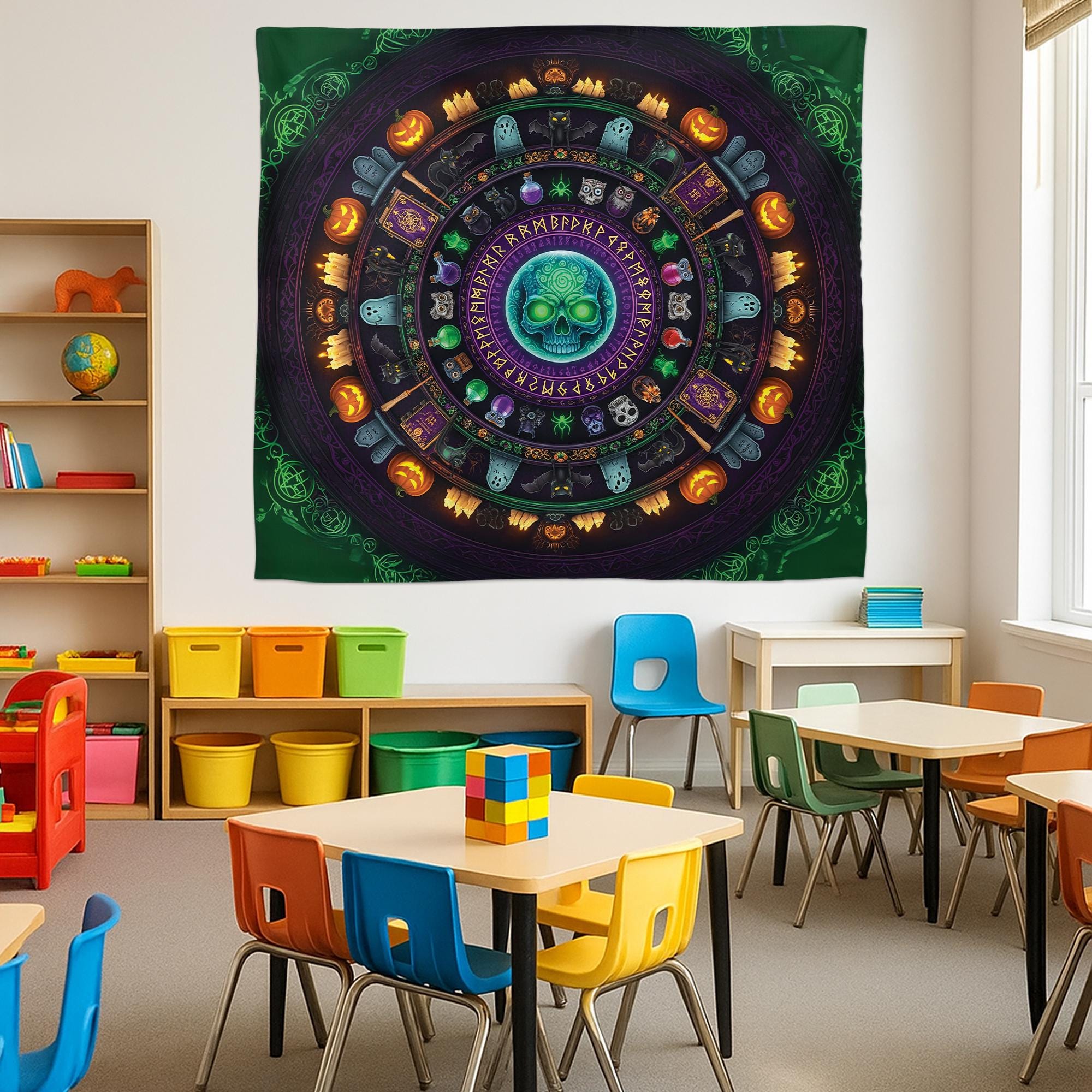 Halloween Skull Mandala Tapestry – Witchy Gothic Wall Art with Potions, Pumpkins, and Ghosts – Dark Green Spooky Decor