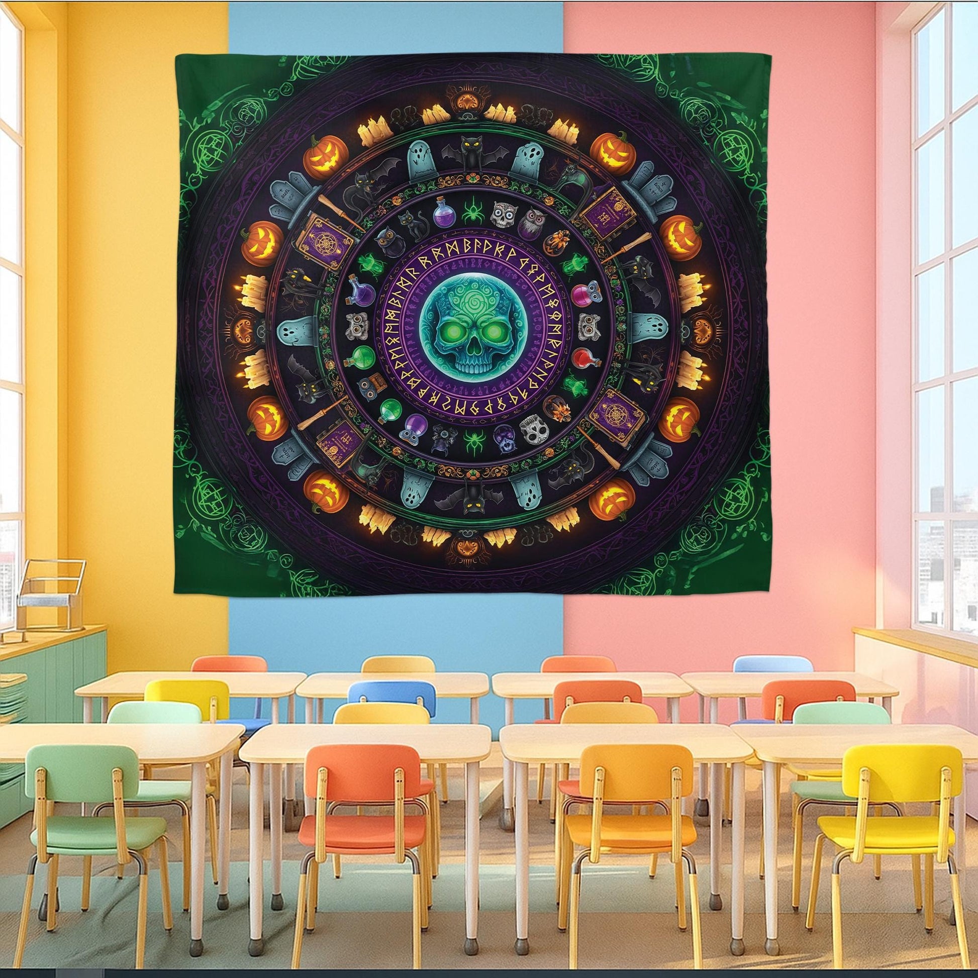 Halloween Skull Mandala Tapestry – Witchy Gothic Wall Art with Potions, Pumpkins, and Ghosts – Dark Green Spooky Decor