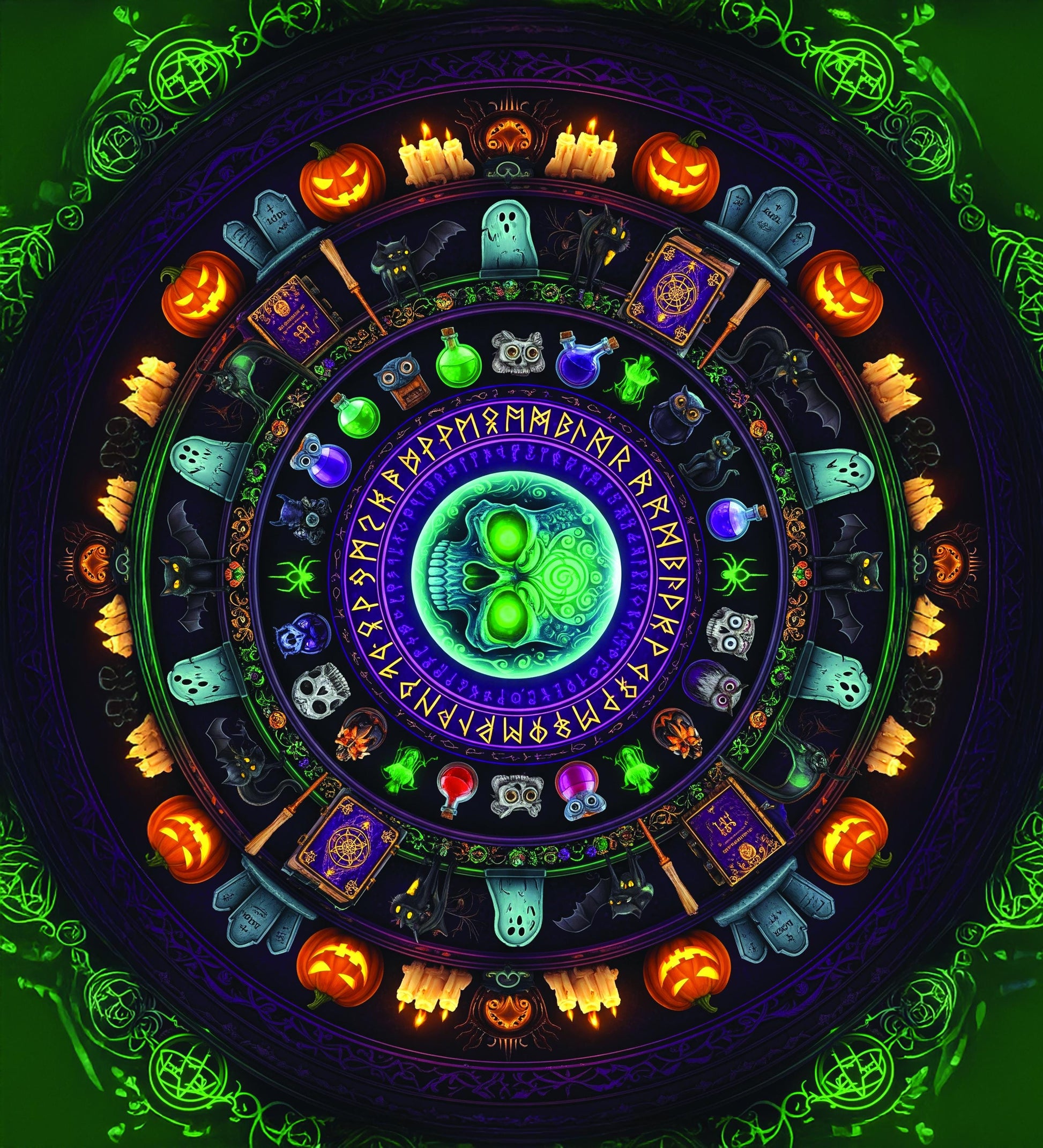 Halloween Skull Mandala Tapestry – Witchy Gothic Wall Art with Potions, Pumpkins, and Ghosts – Dark Green Spooky Decor