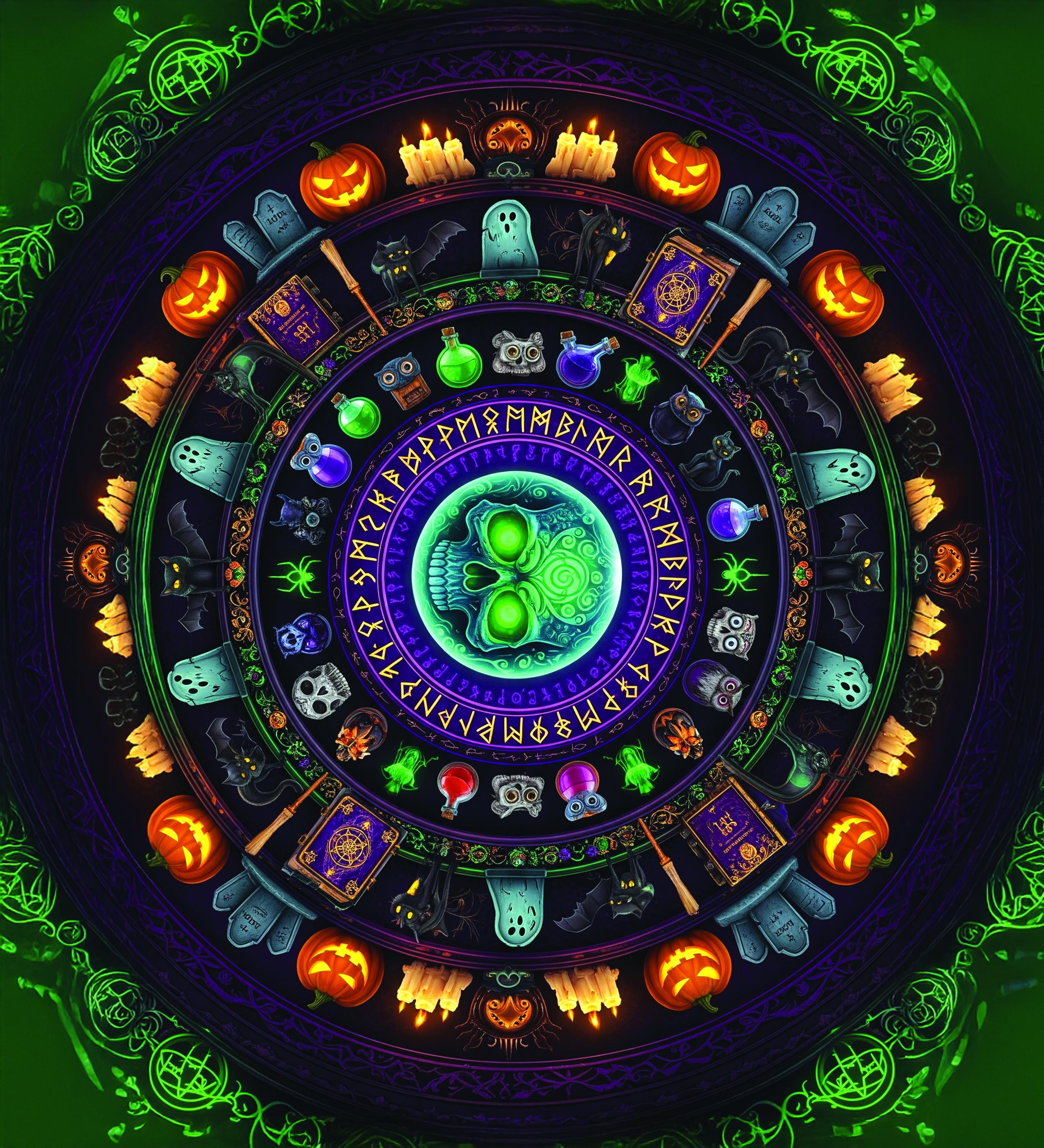 Halloween Skull Mandala Tapestry – Witchy Gothic Wall Art with Potions, Pumpkins, and Ghosts – Dark Green Spooky Decor