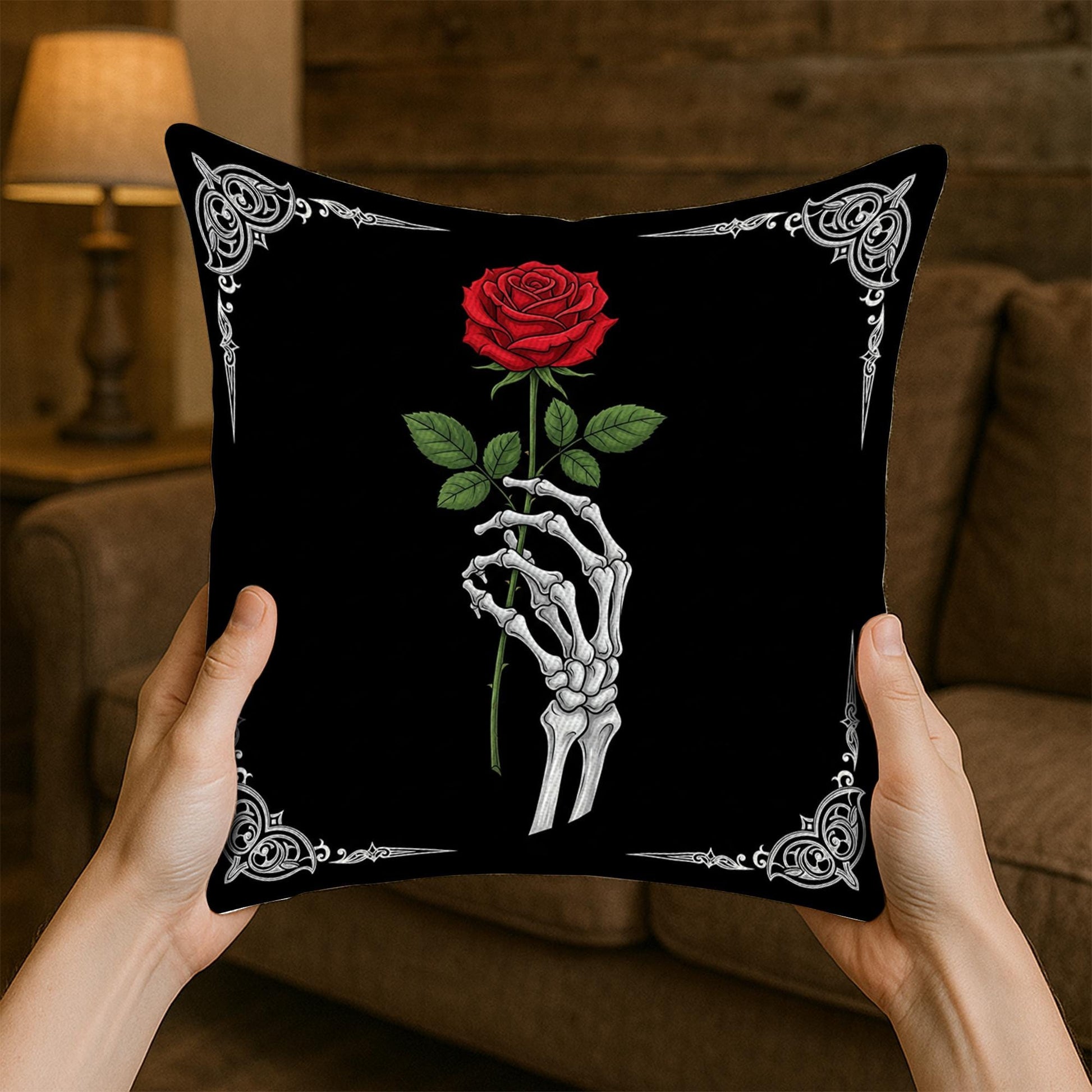 Gothic Skeleton Rose Pillow – Dark Romance Halloween Skull Hand Throw Pillow, Red Rose Decor for Goth Home or Alt Room