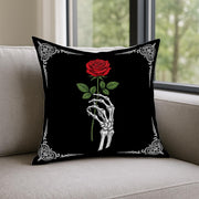Gothic Skeleton Rose Pillow – Dark Romance Halloween Skull Hand Throw Pillow, Red Rose Decor for Goth Home or Alt Room