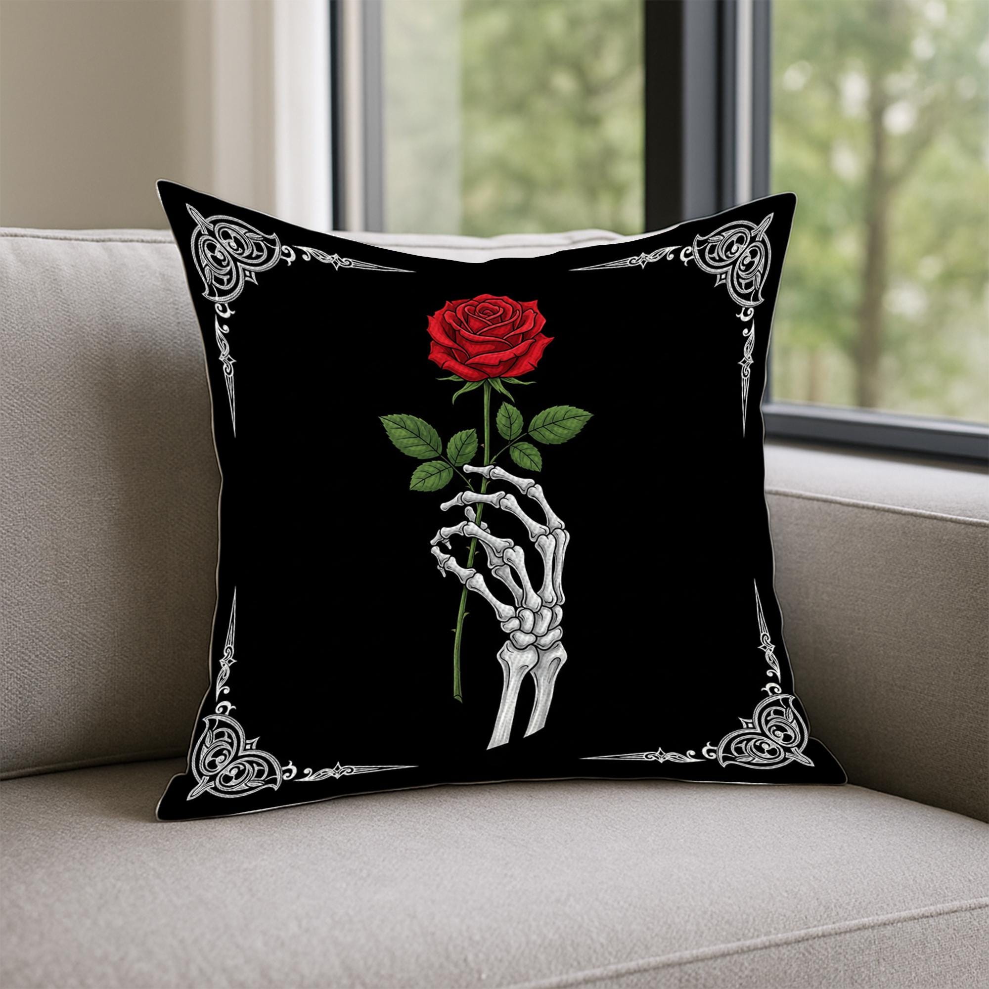 Gothic Skeleton Rose Pillow – Dark Romance Halloween Skull Hand Throw Pillow, Red Rose Decor for Goth Home or Alt Room
