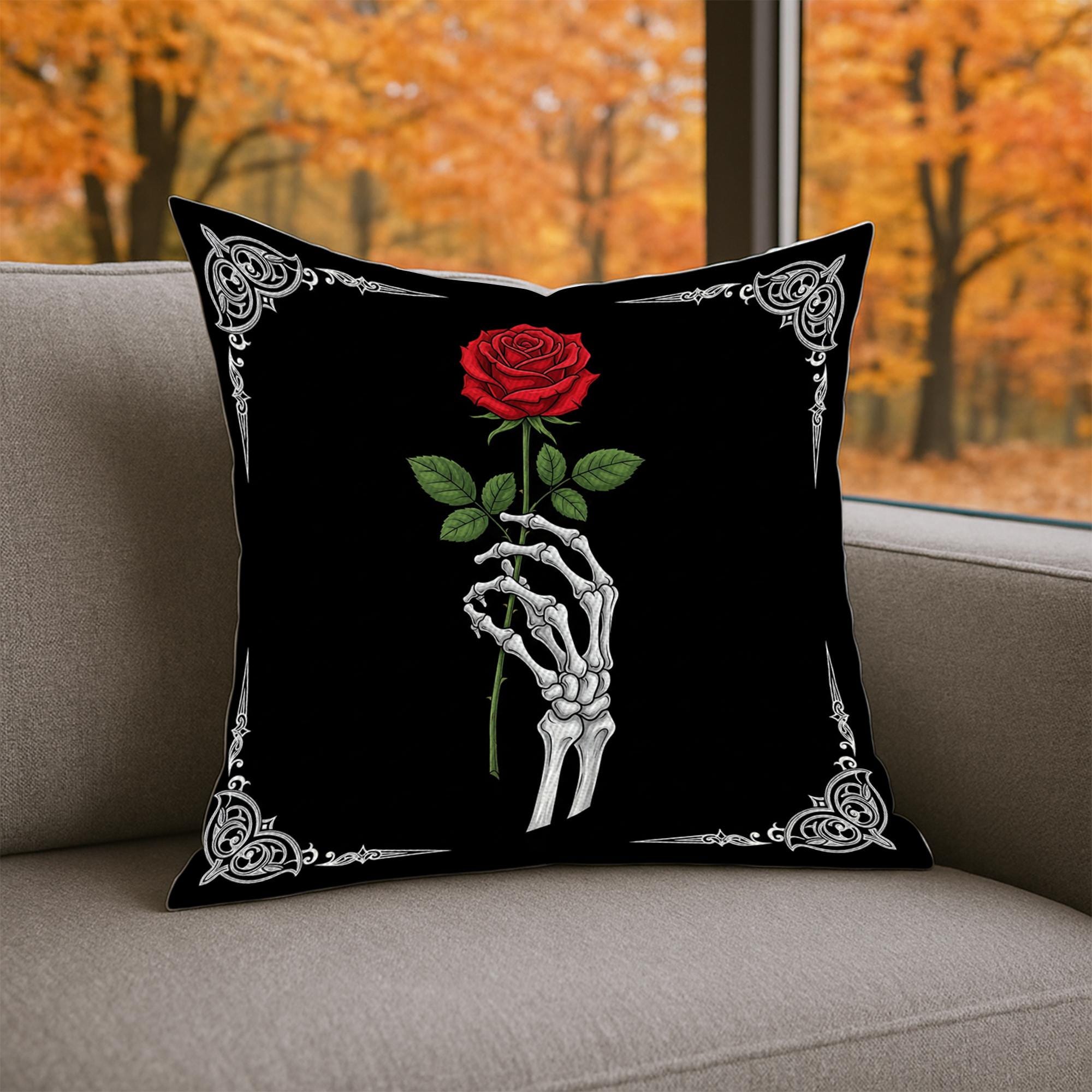Gothic Skeleton Rose Pillow – Dark Romance Halloween Skull Hand Throw Pillow, Red Rose Decor for Goth Home or Alt Room