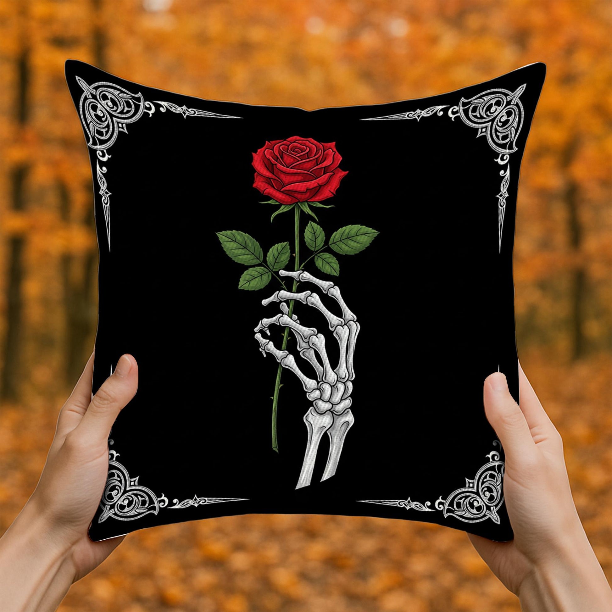 Gothic Skeleton Rose Pillow – Dark Romance Halloween Skull Hand Throw Pillow, Red Rose Decor for Goth Home or Alt Room