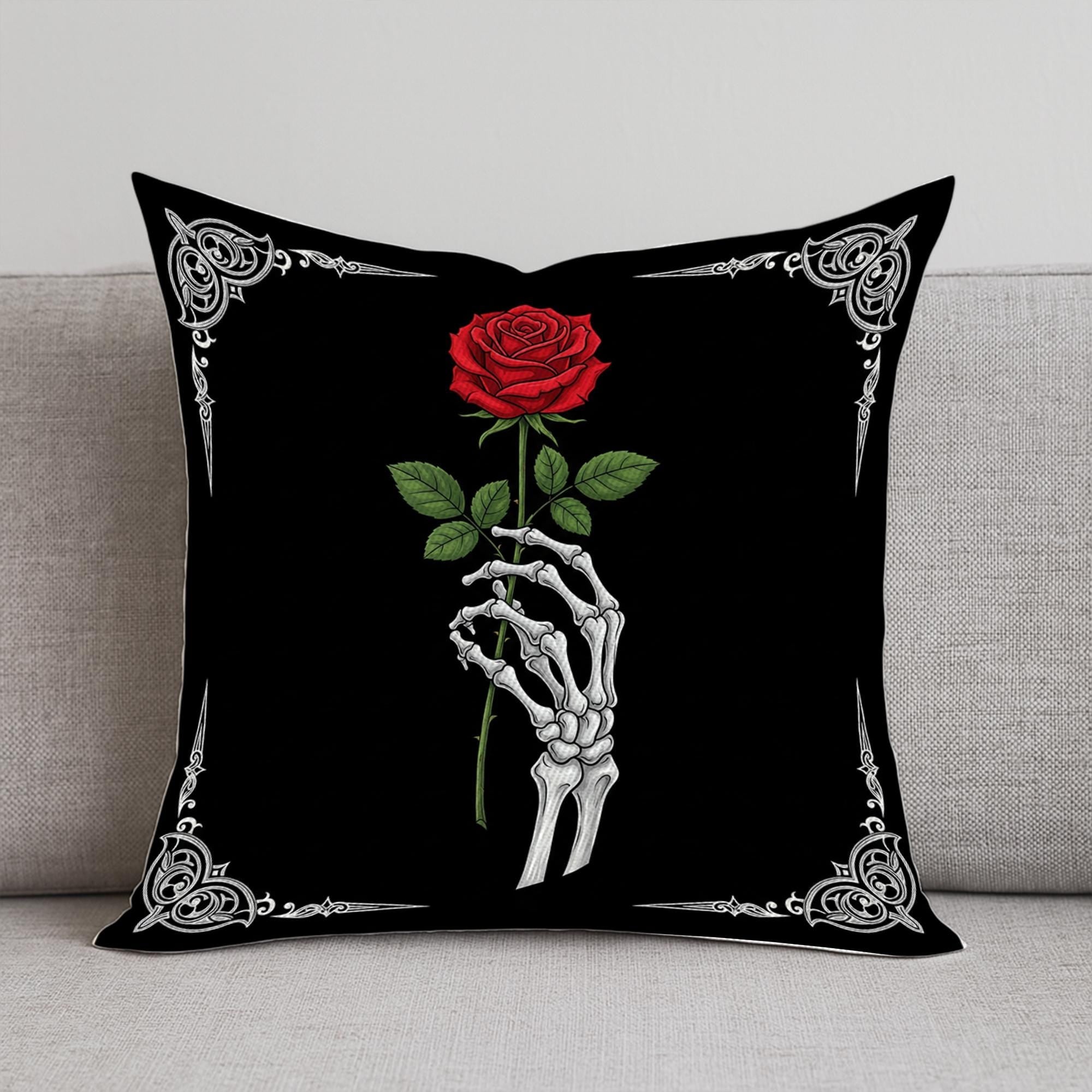 Gothic Skeleton Rose Pillow – Dark Romance Halloween Skull Hand Throw Pillow, Red Rose Decor for Goth Home or Alt Room