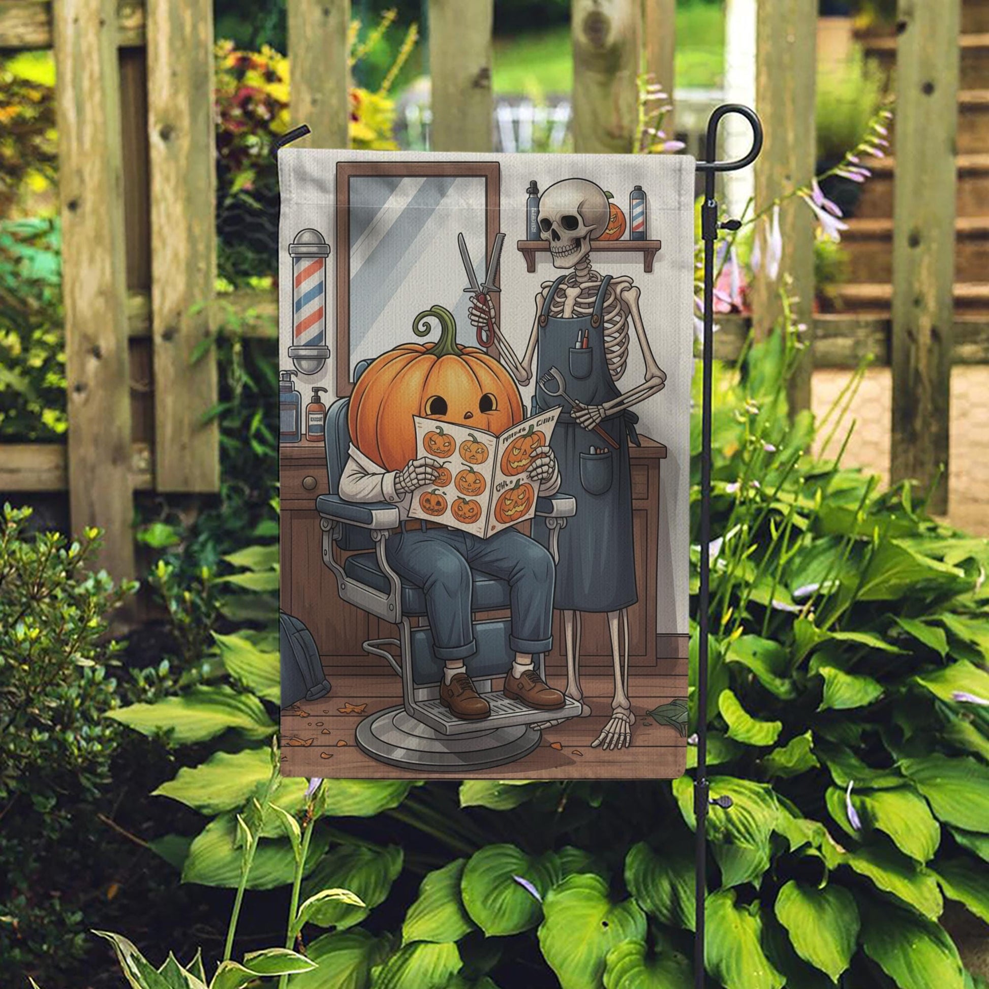 Halloween Skeleton Barber Pumpkin Garden Flag, Spooky Barber Shop Yard Decor, Fall Outdoor Halloween Flag