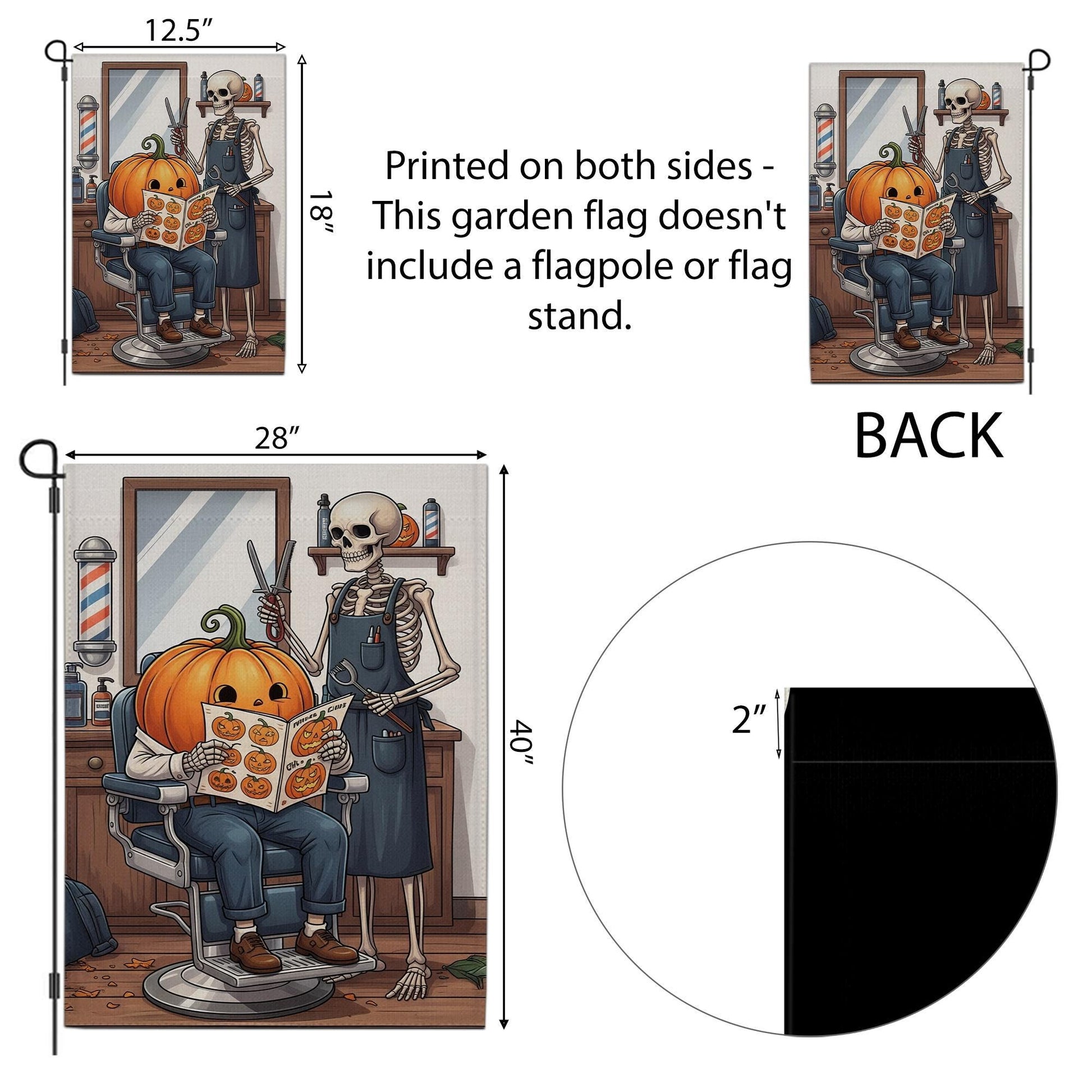 Halloween Skeleton Barber Pumpkin Garden Flag, Spooky Barber Shop Yard Decor, Fall Outdoor Halloween Flag