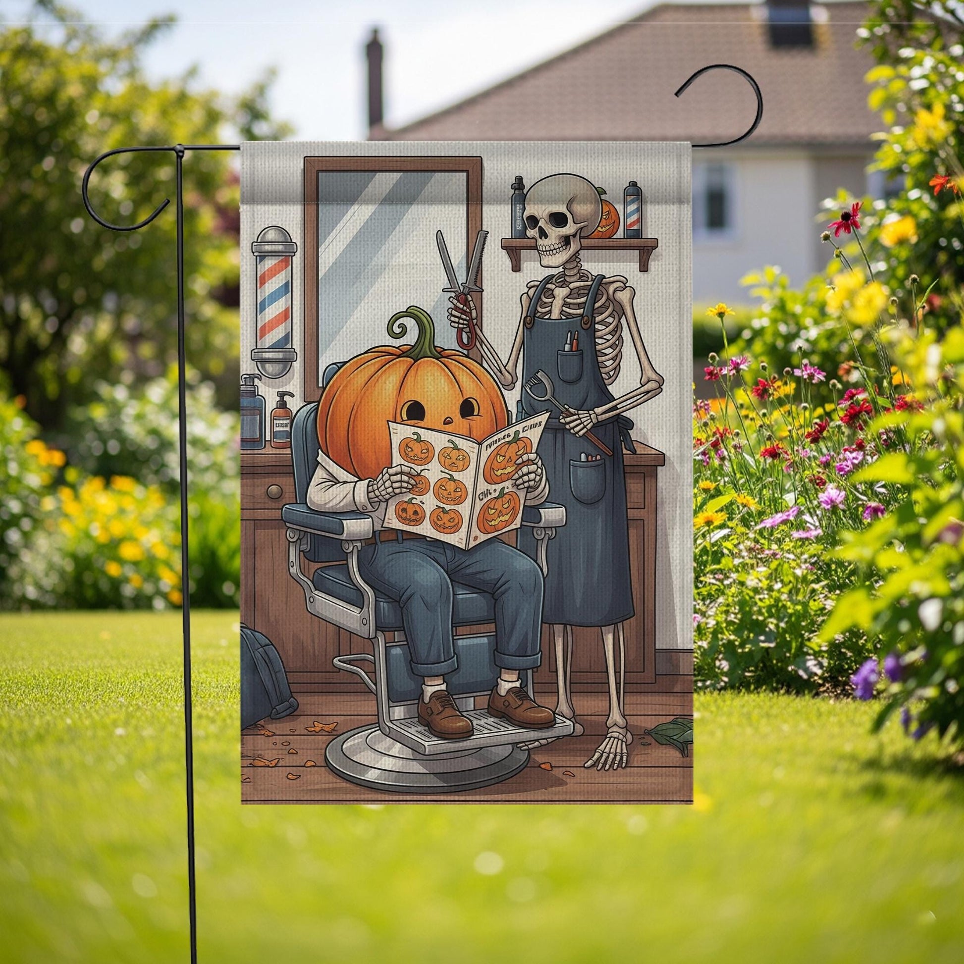 Halloween Skeleton Barber Pumpkin Garden Flag, Spooky Barber Shop Yard Decor, Fall Outdoor Halloween Flag