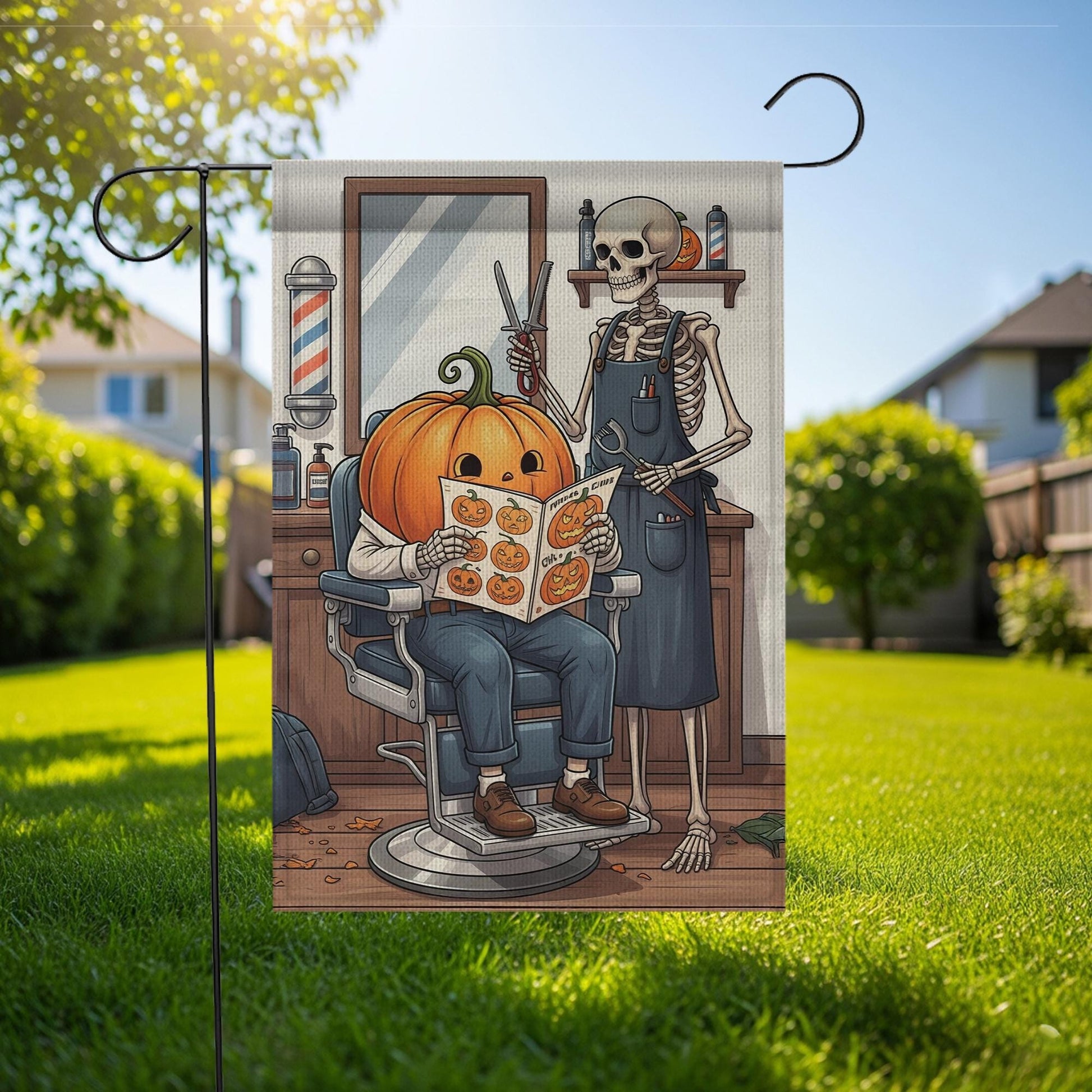 Halloween Skeleton Barber Pumpkin Garden Flag, Spooky Barber Shop Yard Decor, Fall Outdoor Halloween Flag