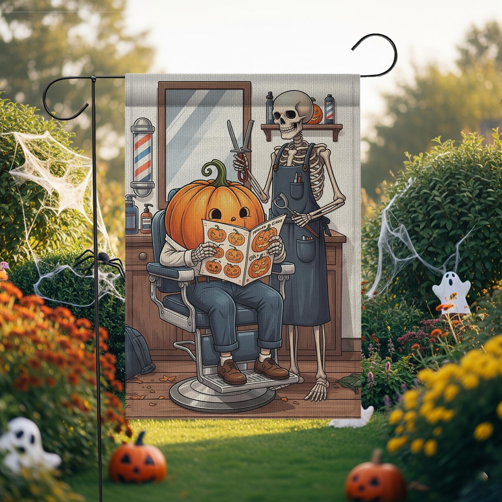 Halloween Skeleton Barber Pumpkin Garden Flag, Spooky Barber Shop Yard Decor, Fall Outdoor Halloween Flag