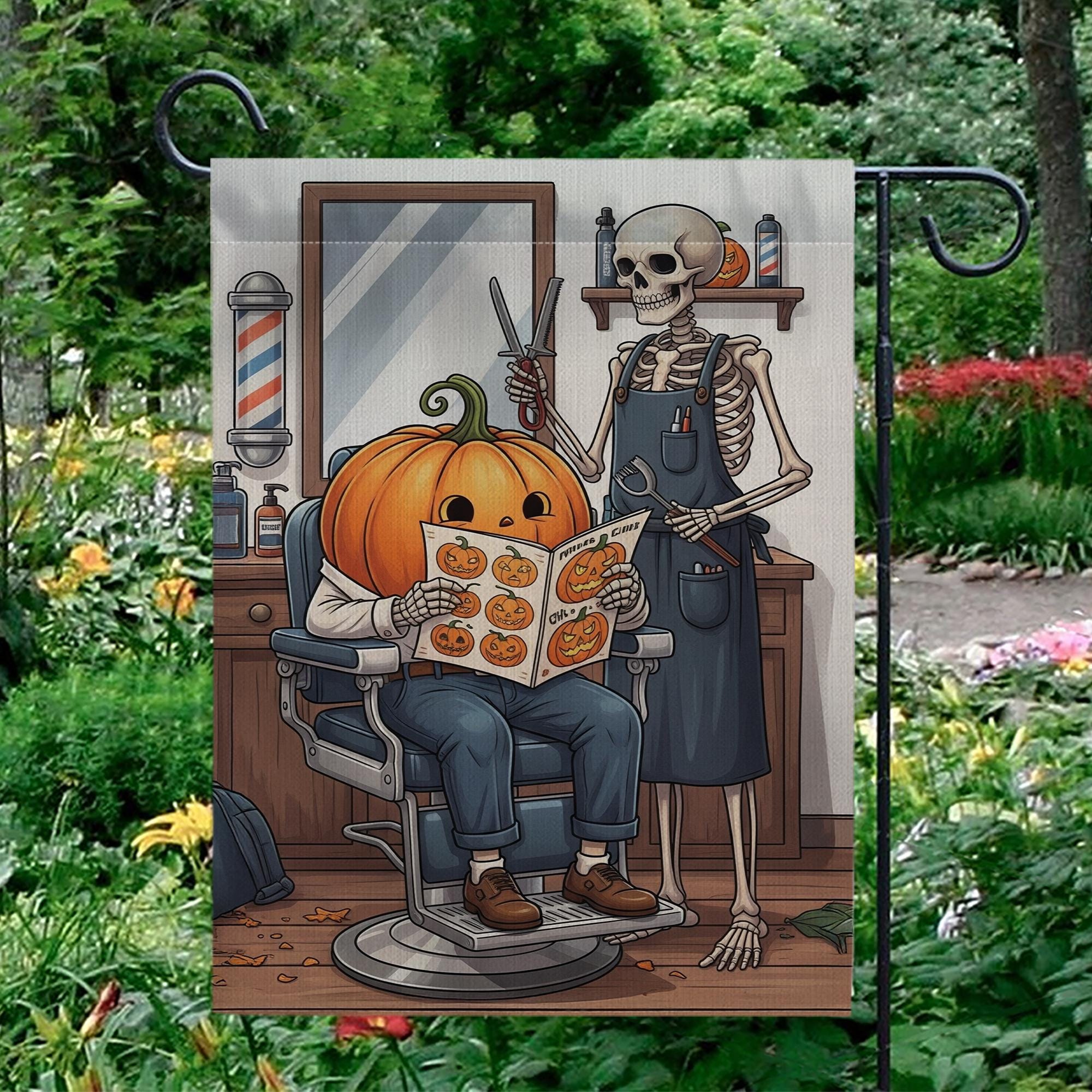 Halloween Skeleton Barber Pumpkin Garden Flag, Spooky Barber Shop Yard Decor, Fall Outdoor Halloween Flag