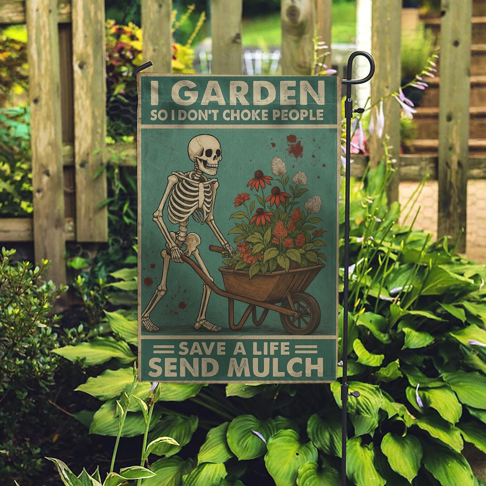 Funny Halloween Gardening Skeleton Flag – “I Garden So I Don’t Choke People – Save a Life Send Mulch” Outdoor Yard Decor