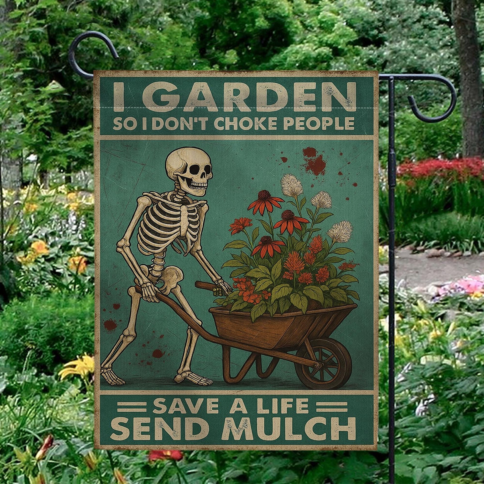 Funny Halloween Gardening Skeleton Flag – “I Garden So I Don’t Choke People – Save a Life Send Mulch” Outdoor Yard Decor