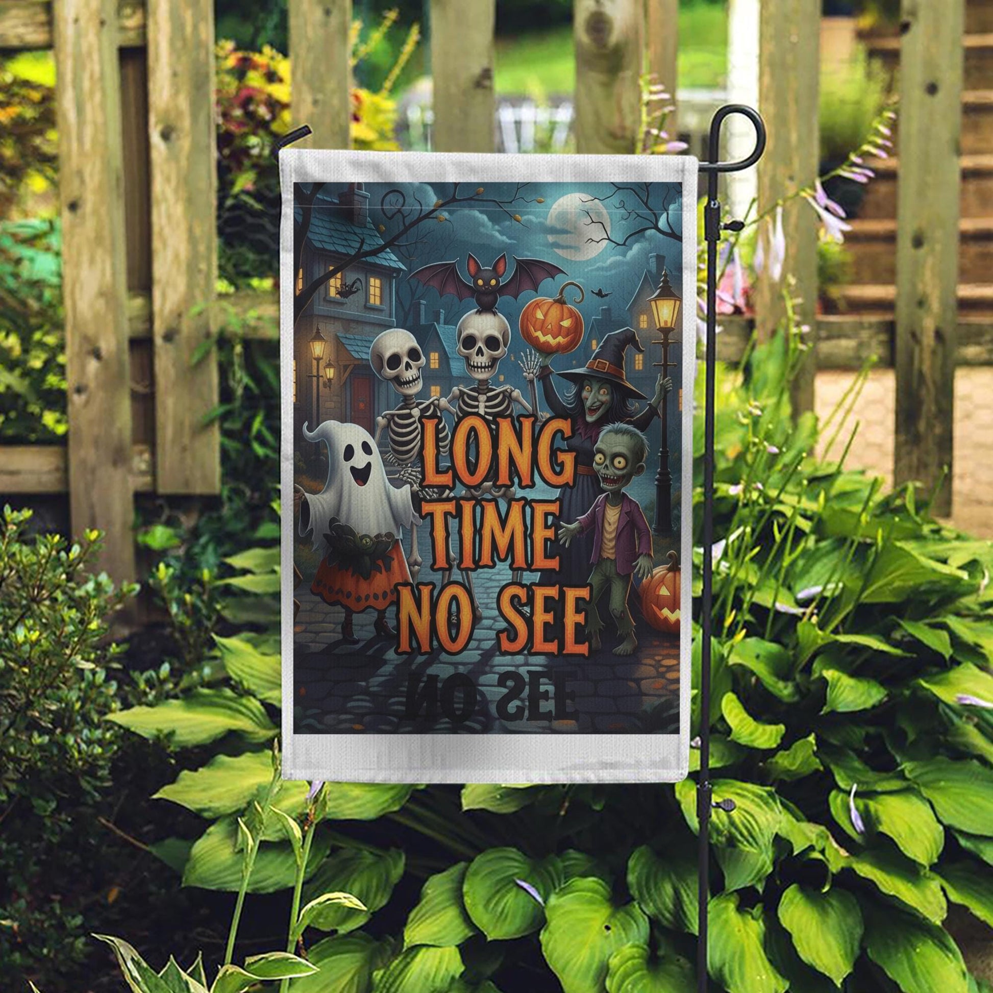 Halloween “Long Time No See” Skeleton Ghost Zombie Garden Flag – Funny Spooky Trick‑or‑Treat Yard Decoration