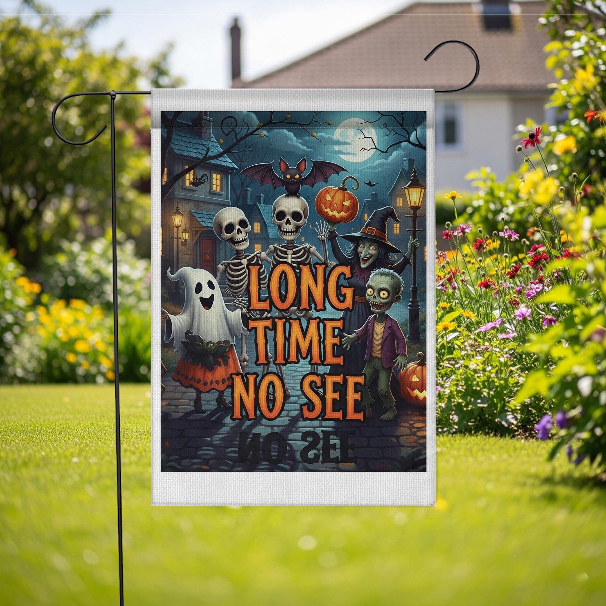 Halloween “Long Time No See” Skeleton Ghost Zombie Garden Flag – Funny Spooky Trick‑or‑Treat Yard Decoration