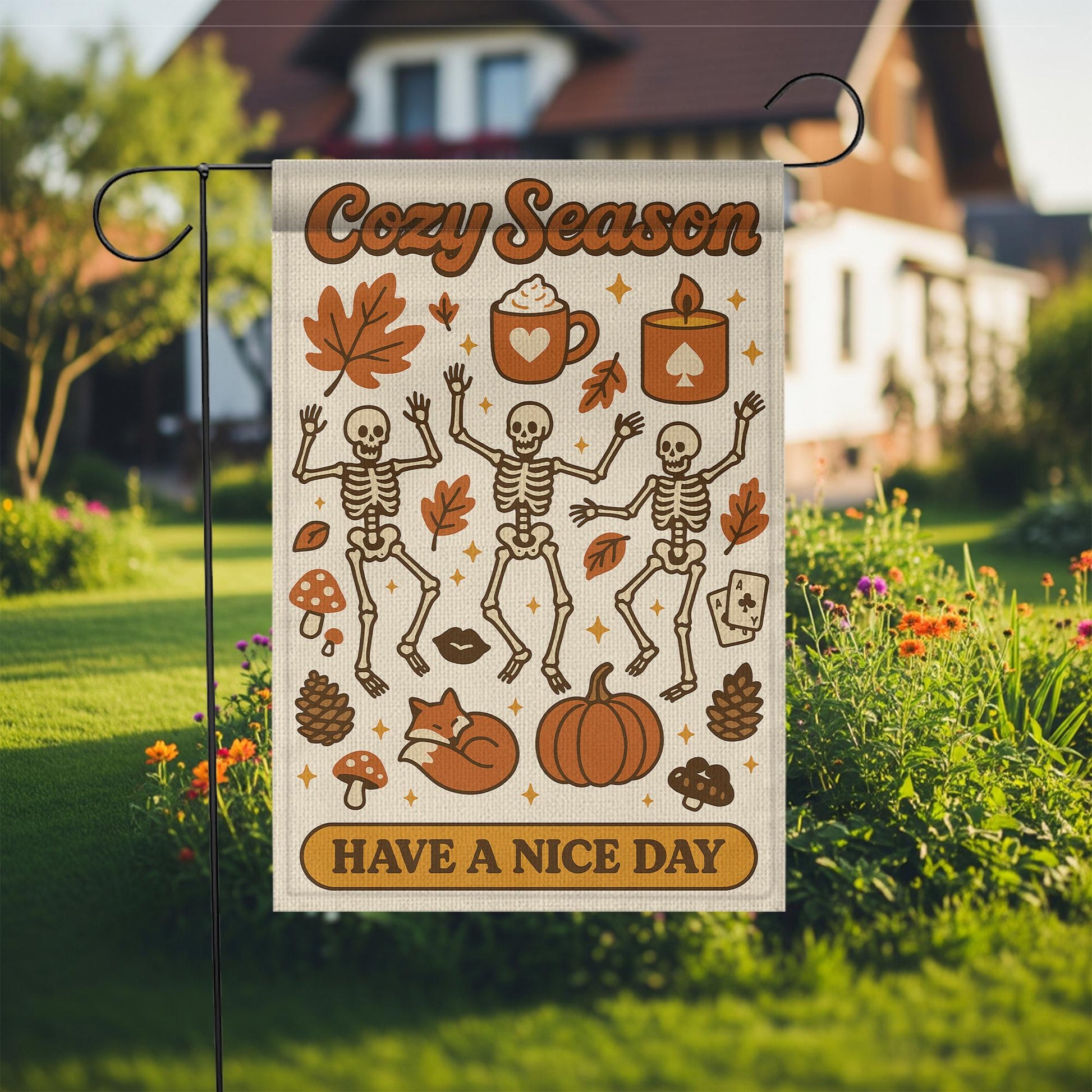 Cozy Season Garden Flag, Dancing Skeletons Fall Yard Decor, Autumn Halloween Outdoor Sign, Pumpkin Spice Porch Decoration