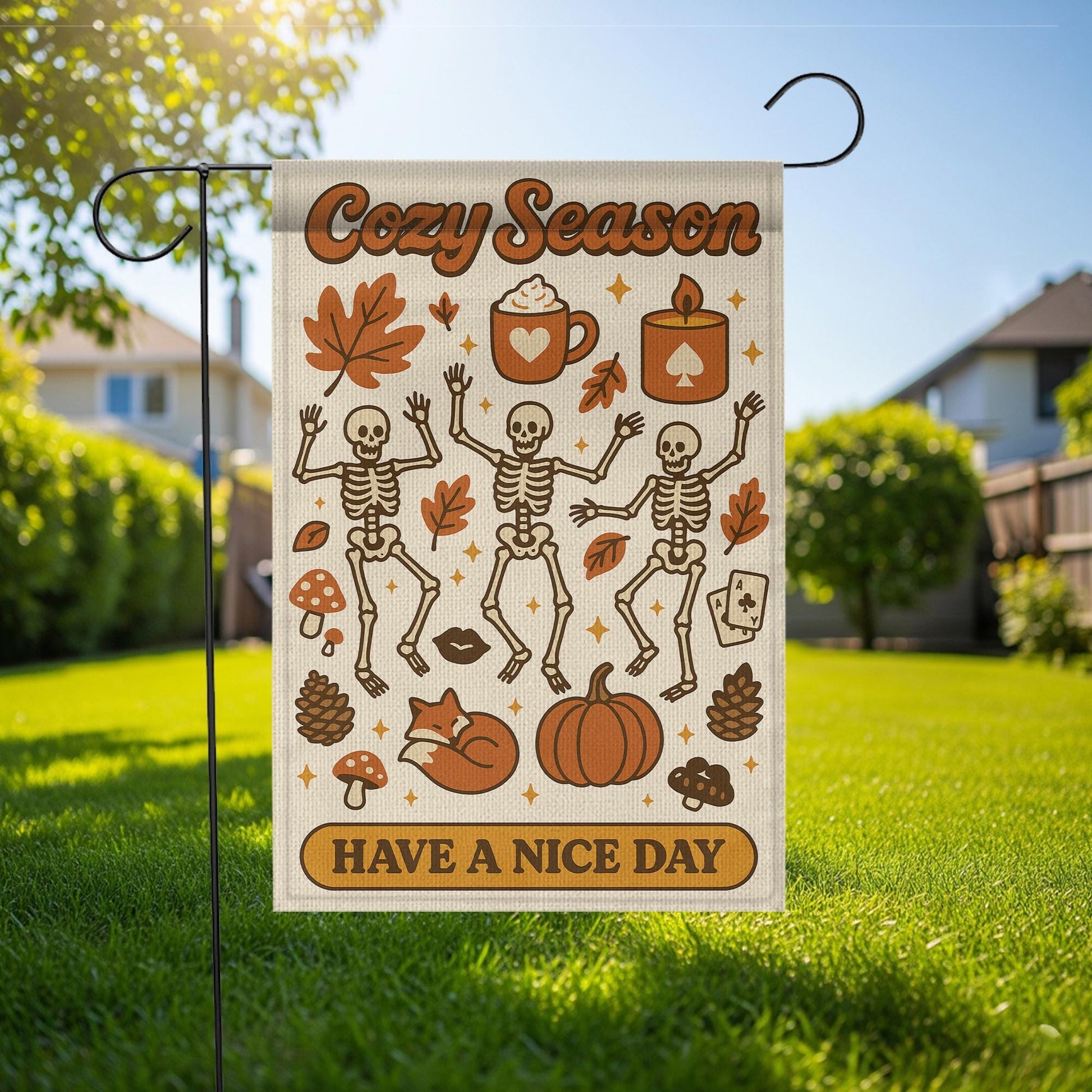 Cozy Season Garden Flag, Dancing Skeletons Fall Yard Decor, Autumn Halloween Outdoor Sign, Pumpkin Spice Porch Decoration