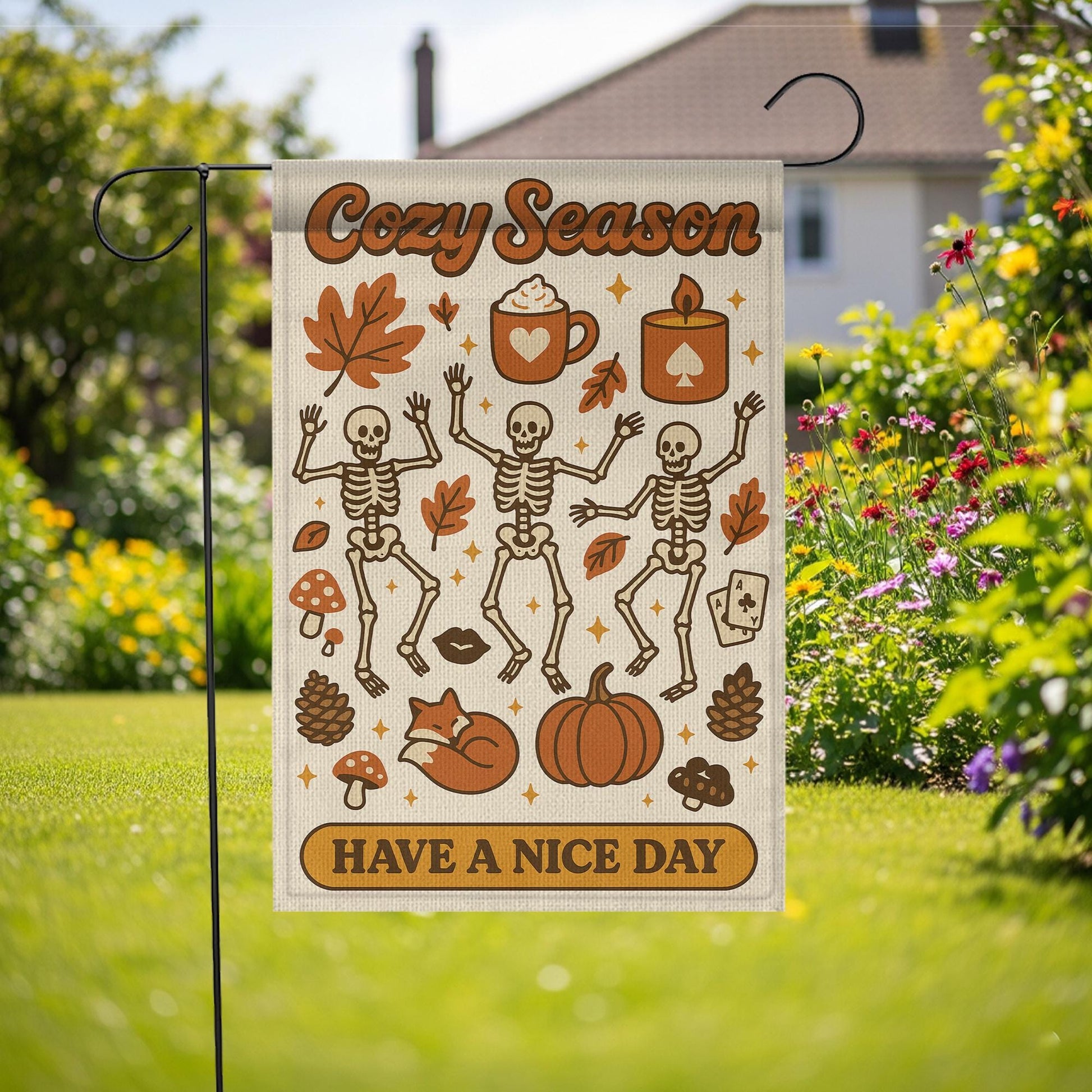 Cozy Season Garden Flag, Dancing Skeletons Fall Yard Decor, Autumn Halloween Outdoor Sign, Pumpkin Spice Porch Decoration