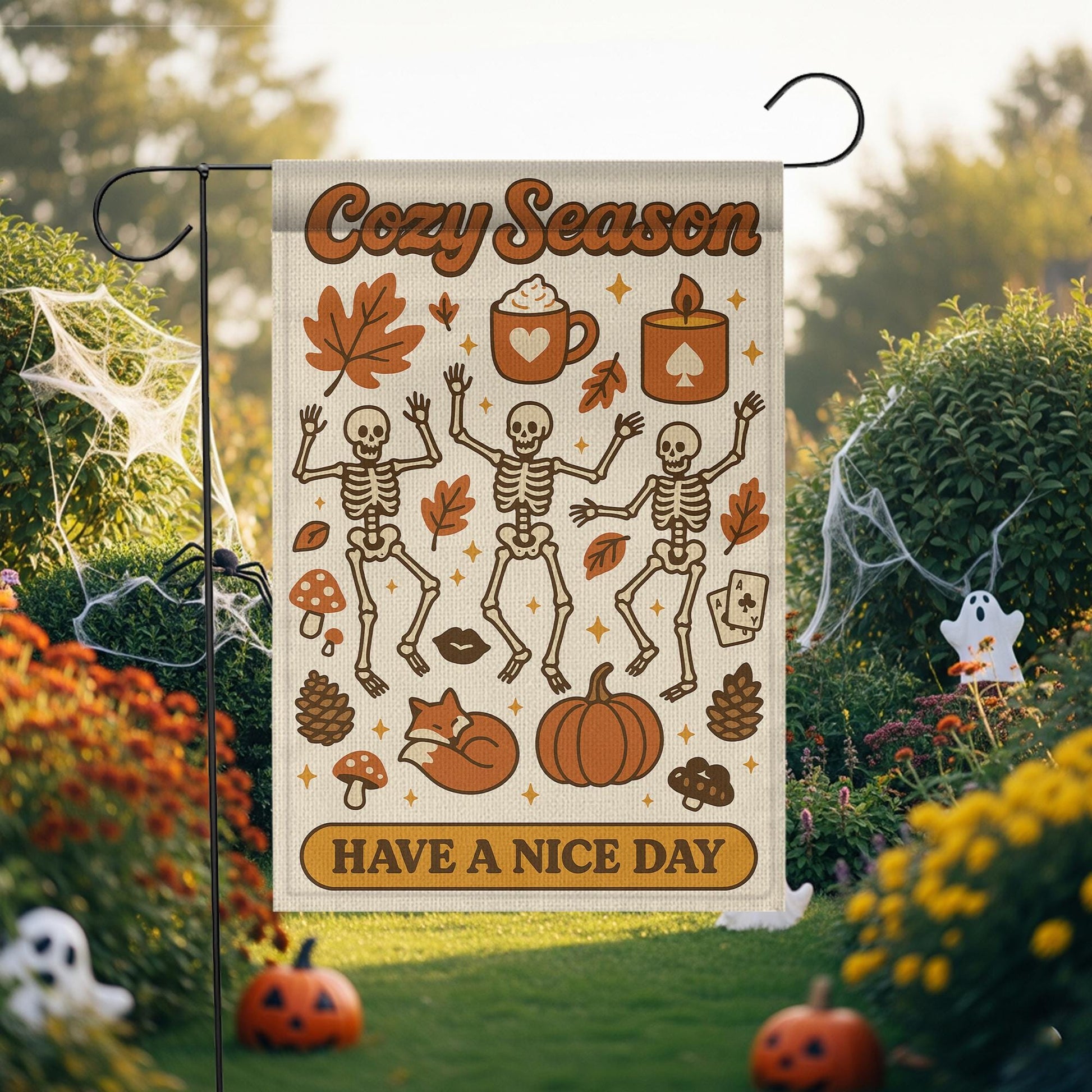 Cozy Season Garden Flag, Dancing Skeletons Fall Yard Decor, Autumn Halloween Outdoor Sign, Pumpkin Spice Porch Decoration