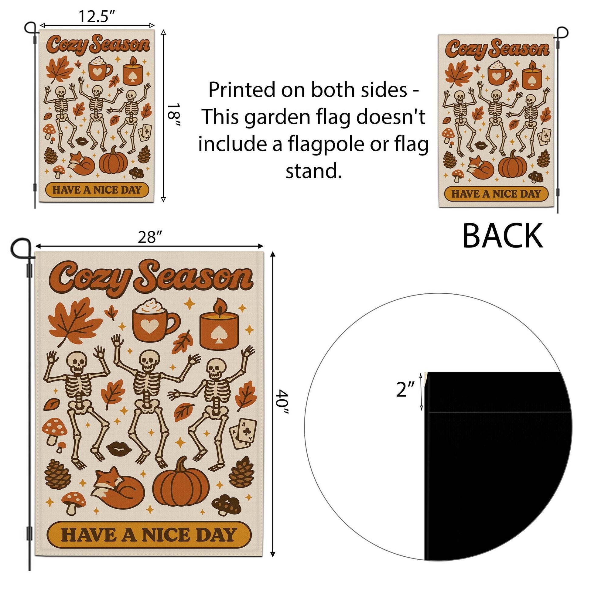 Cozy Season Garden Flag, Dancing Skeletons Fall Yard Decor, Autumn Halloween Outdoor Sign, Pumpkin Spice Porch Decoration