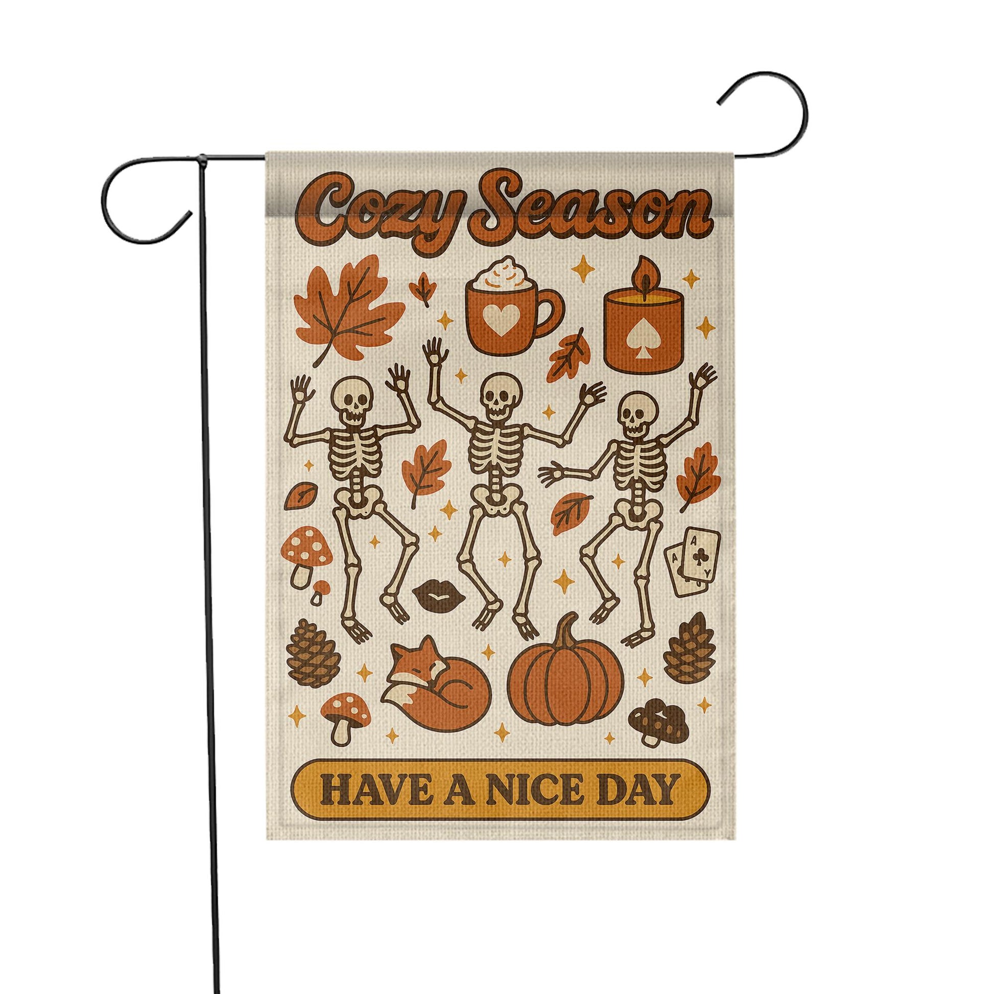 Cozy Season Garden Flag, Dancing Skeletons Fall Yard Decor, Autumn Halloween Outdoor Sign, Pumpkin Spice Porch Decoration