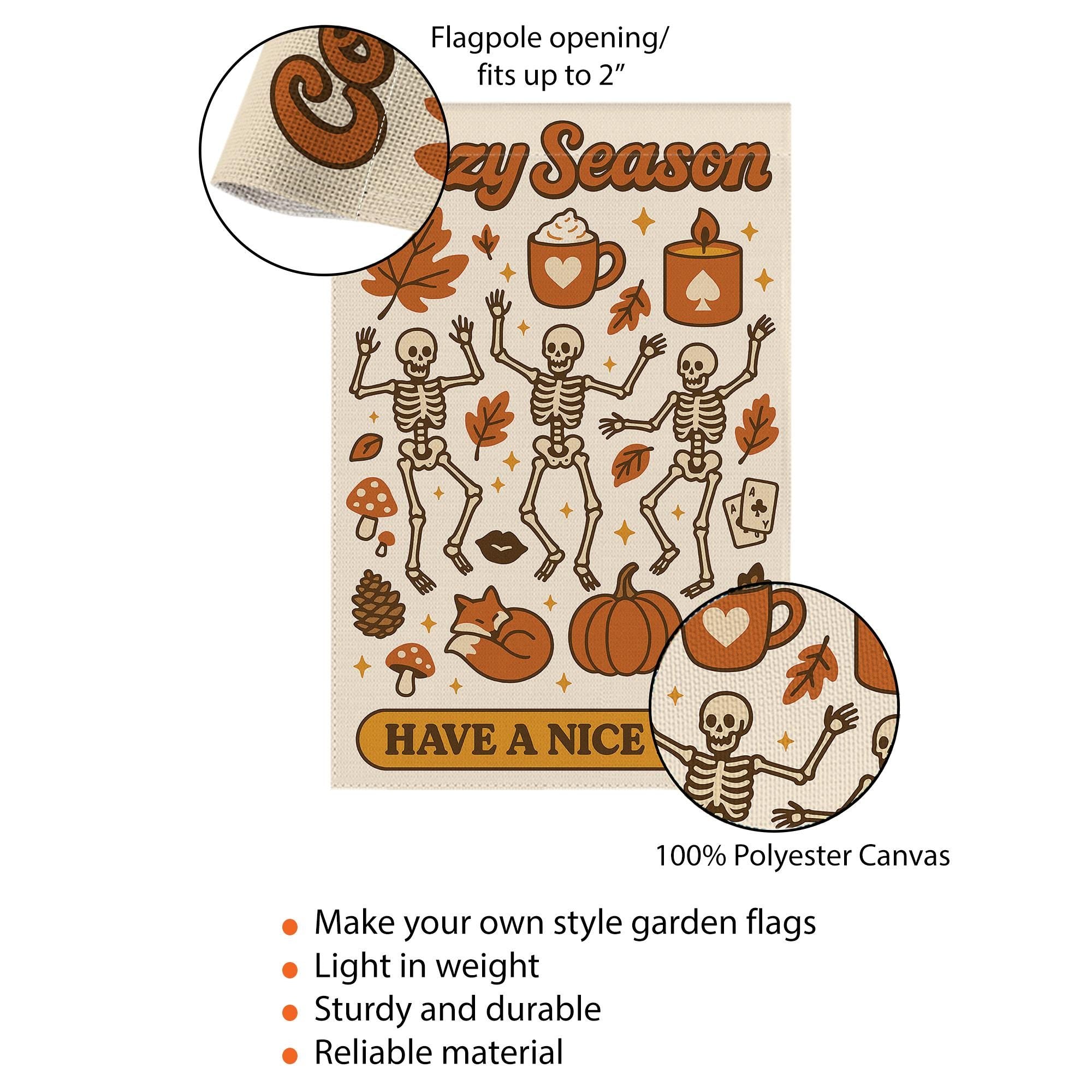 Cozy Season Garden Flag, Dancing Skeletons Fall Yard Decor, Autumn Halloween Outdoor Sign, Pumpkin Spice Porch Decoration