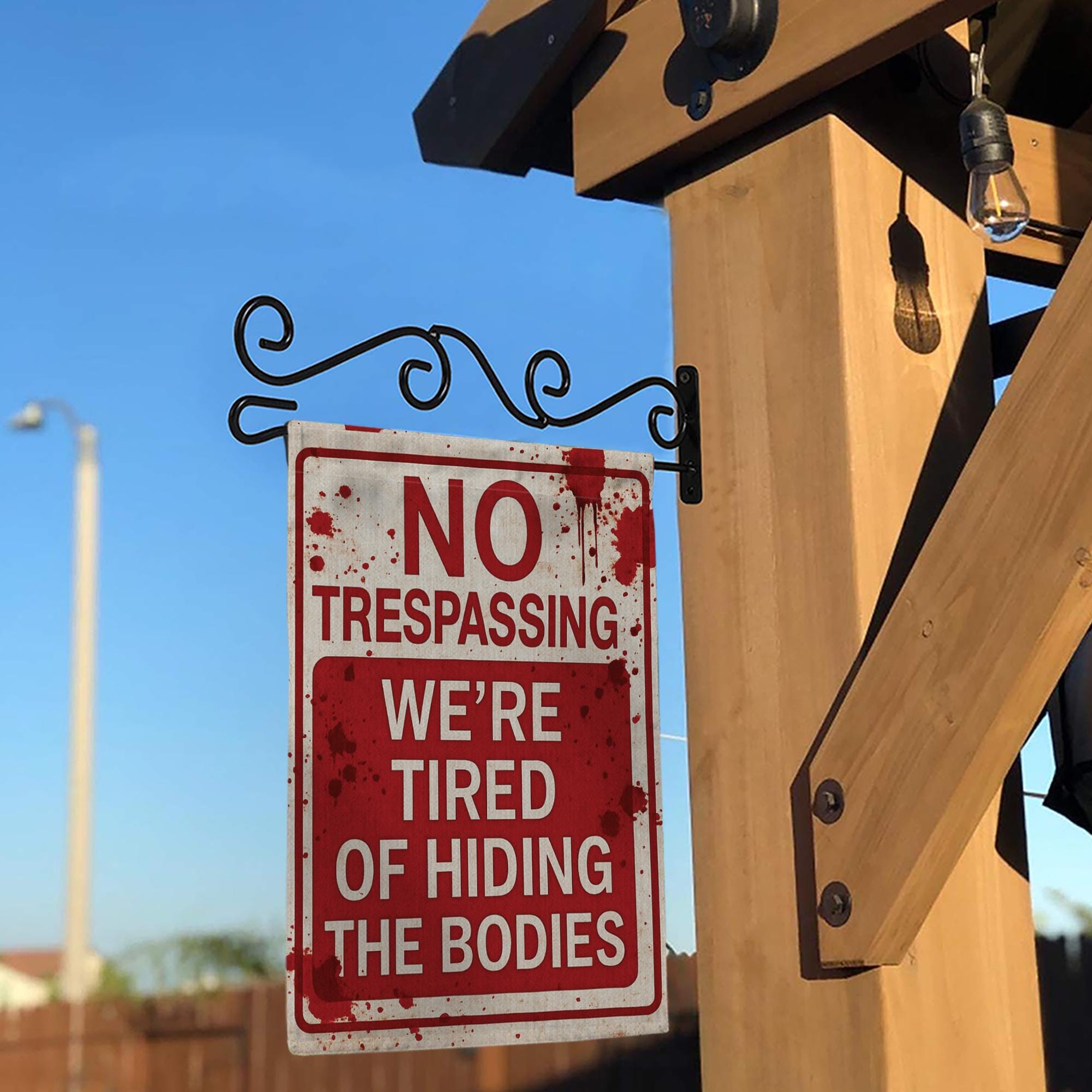 Funny “No Trespassing – We’re Tired of Hiding the Bodies” Halloween Garden Flag – Horror Yard Decor, Scary Funny Outdoor Flag