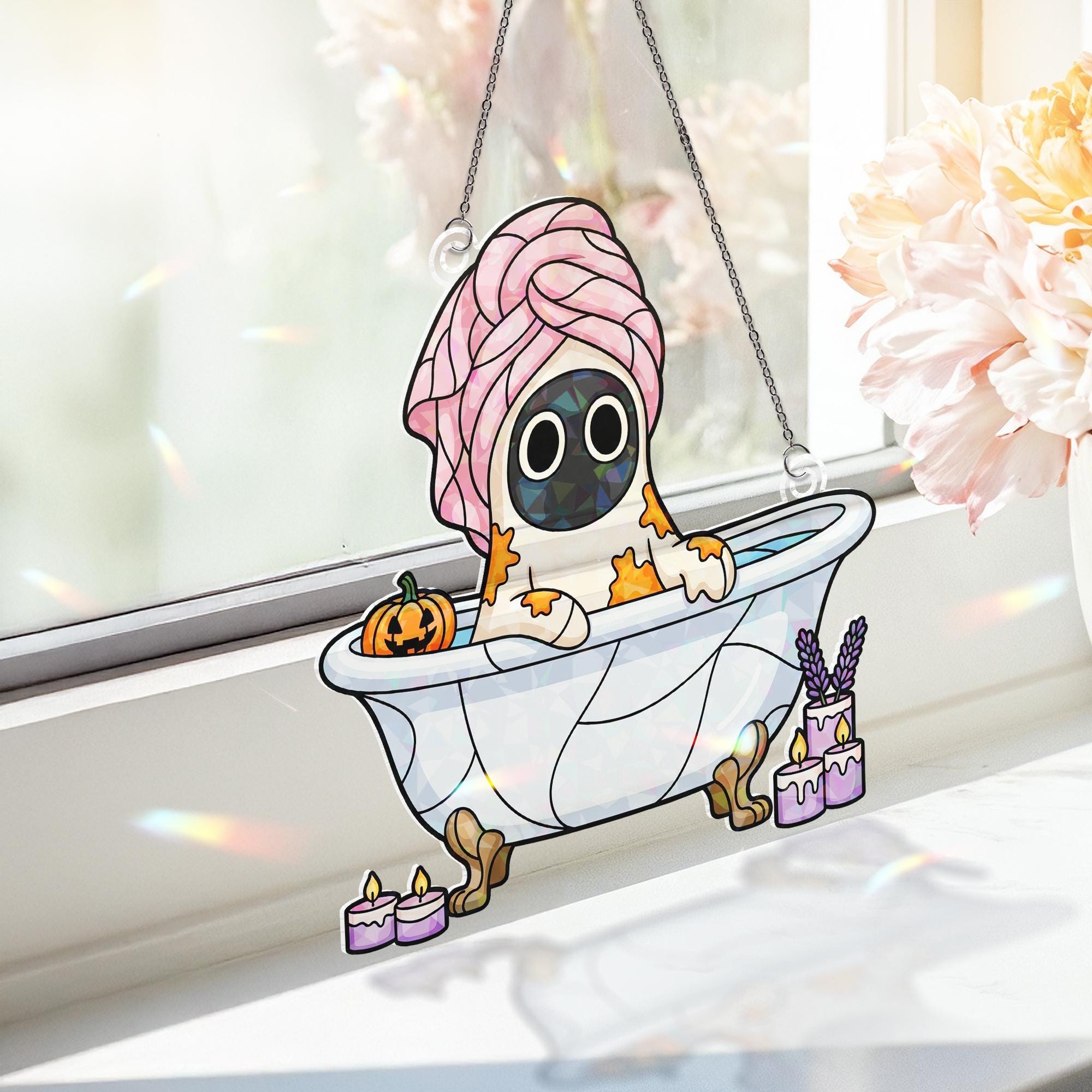 Spooky Spa Night Ghost in Bathtub Window Hanger – Halloween Suncatcher, Bubble Bath Ghost with Pumpkin Candle Decor