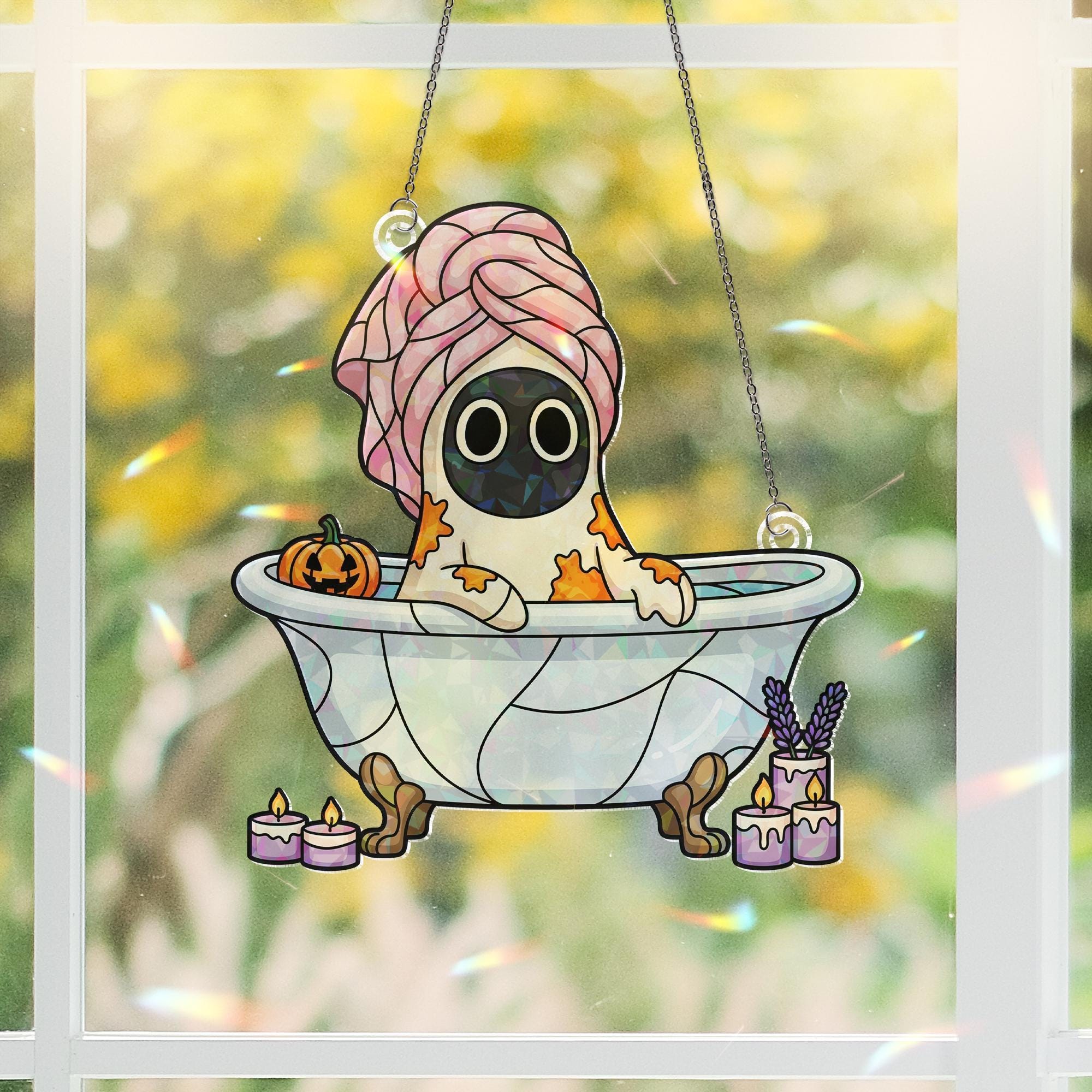 Spooky Spa Night Ghost in Bathtub Window Hanger – Halloween Suncatcher, Bubble Bath Ghost with Pumpkin Candle Decor