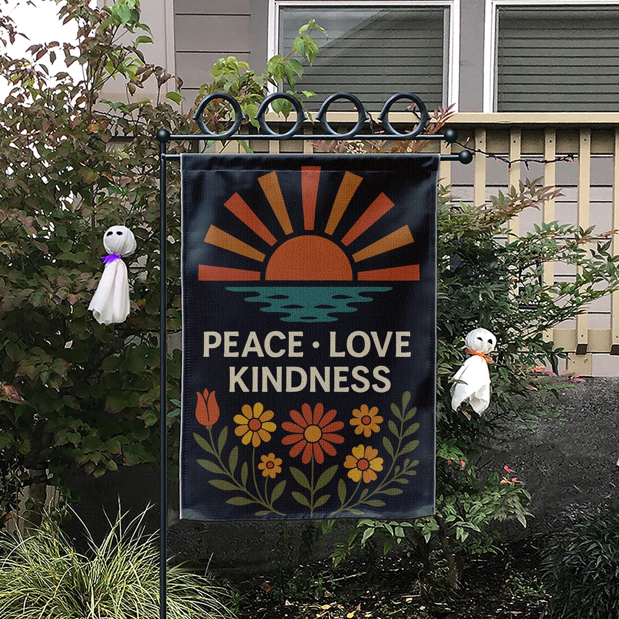 Peace Love Kindness Garden Flag, Boho Sunset Floral Yard Decor, Inspirational Outdoor Sign, Positive Vibes Porch Banner