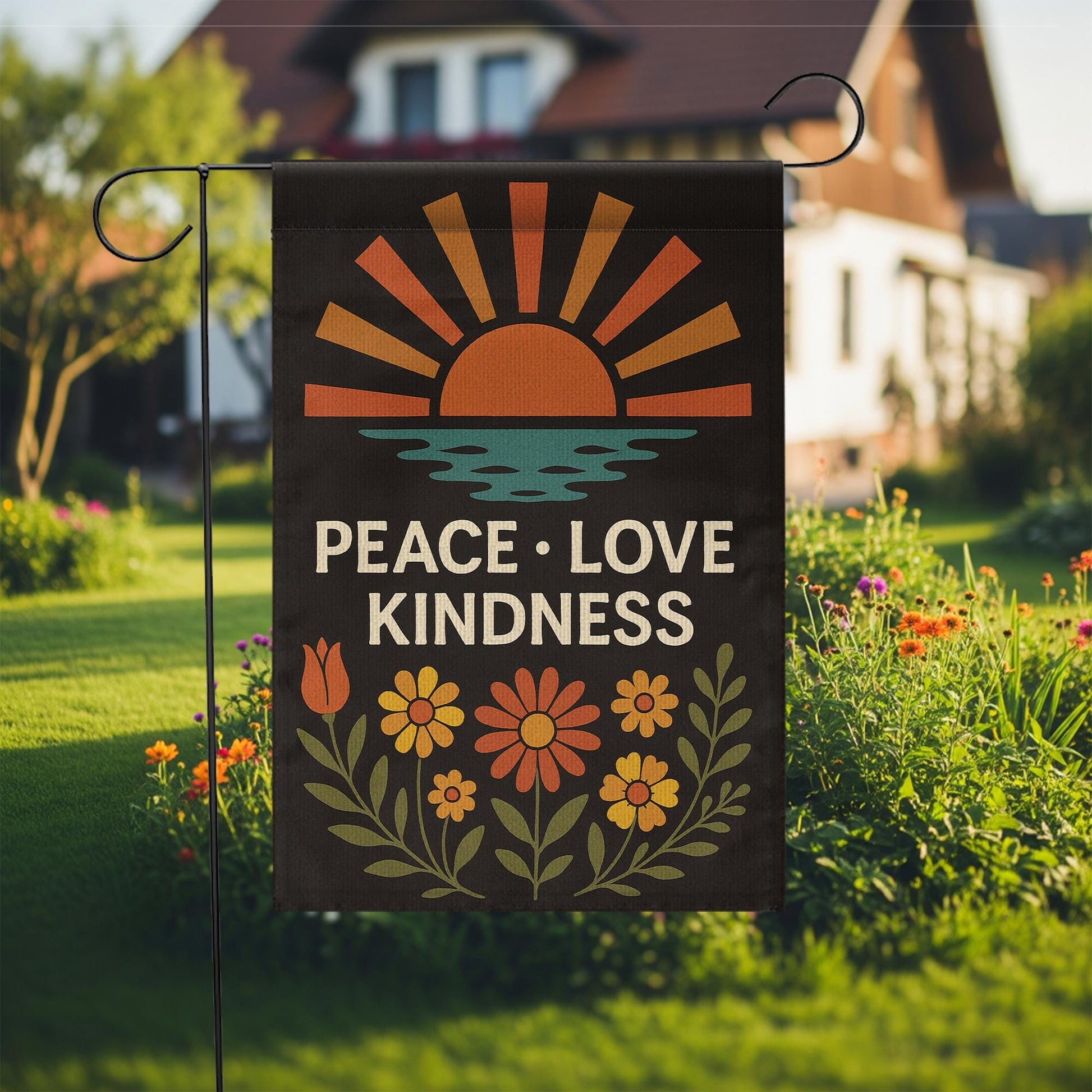 Peace Love Kindness Garden Flag, Boho Sunset Floral Yard Decor, Inspirational Outdoor Sign, Positive Vibes Porch Banner
