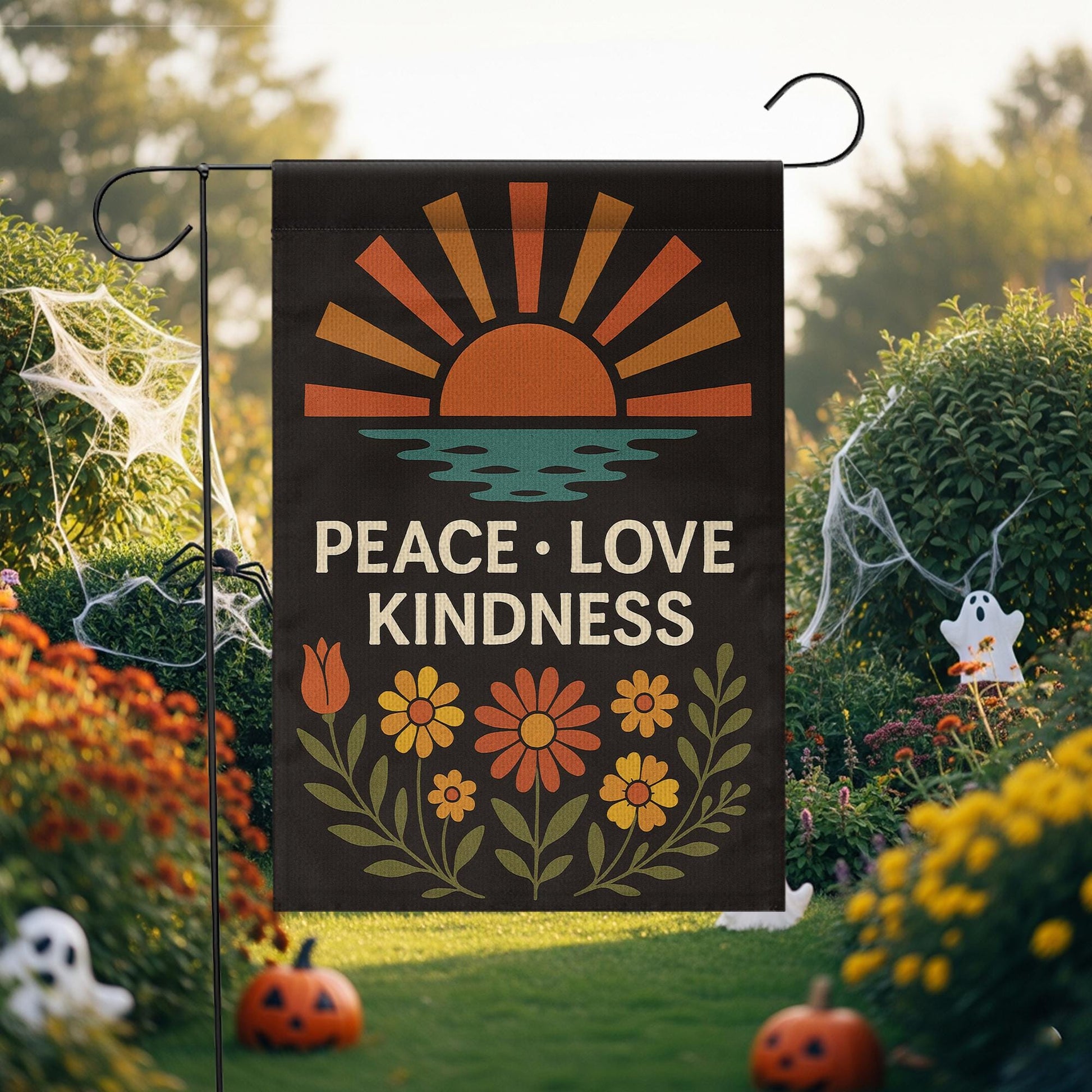 Peace Love Kindness Garden Flag, Boho Sunset Floral Yard Decor, Inspirational Outdoor Sign, Positive Vibes Porch Banner