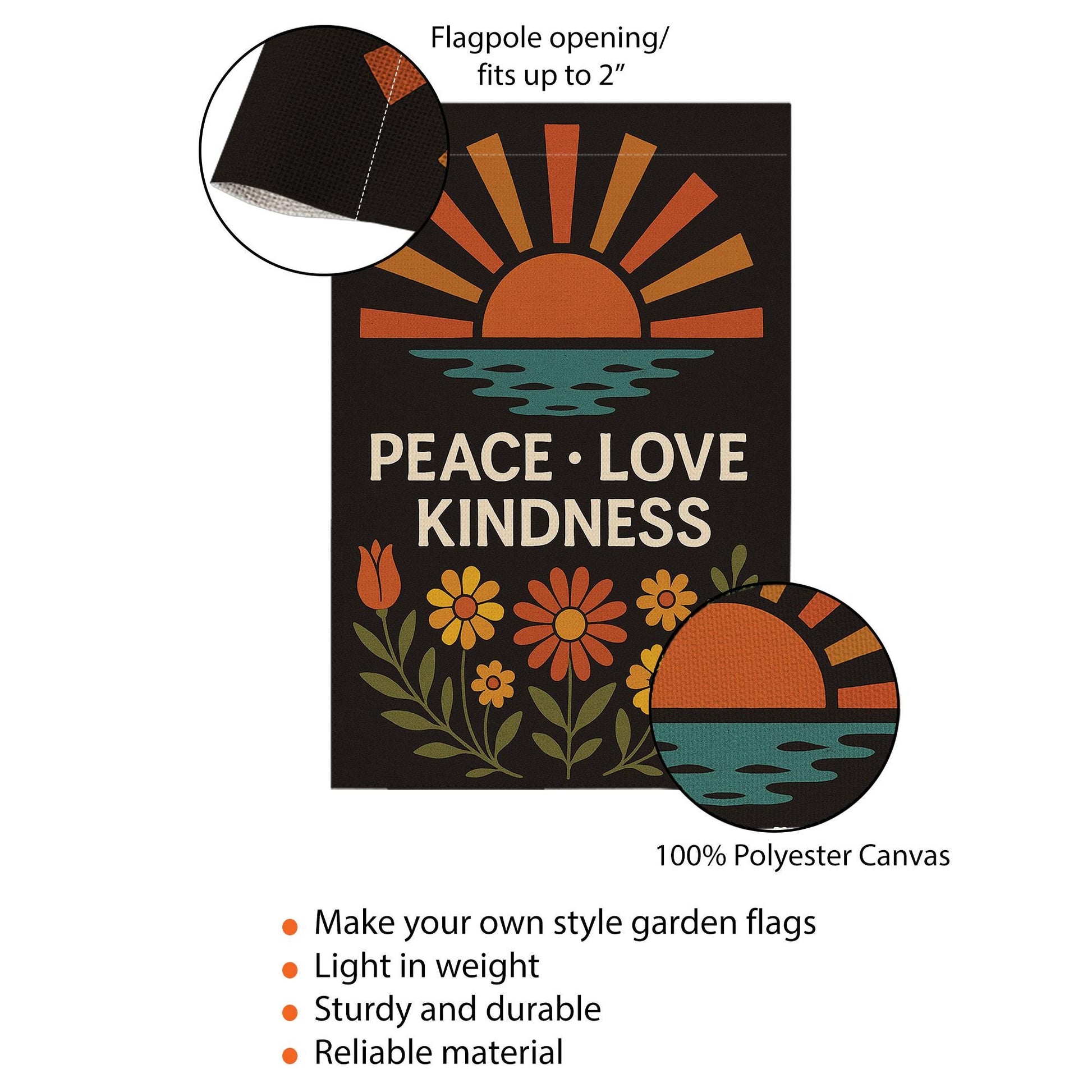 Peace Love Kindness Garden Flag, Boho Sunset Floral Yard Decor, Inspirational Outdoor Sign, Positive Vibes Porch Banner