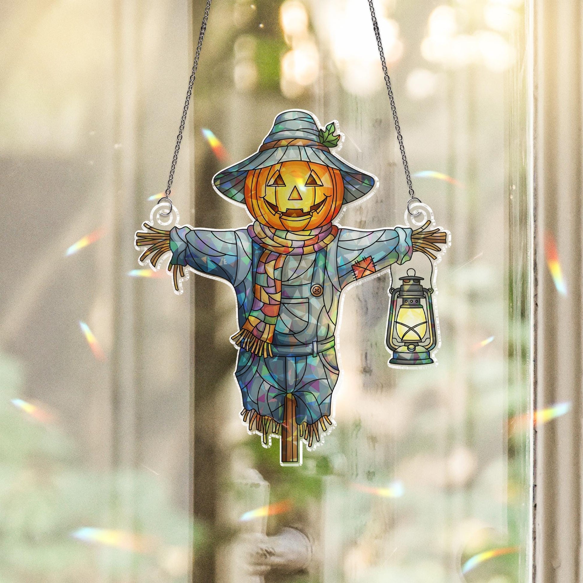 Holographic Scarecrow Pumpkin Window Hanging – Halloween Prism Sun Catcher, Autumn Harvest Decor, Lantern Fall Home Art